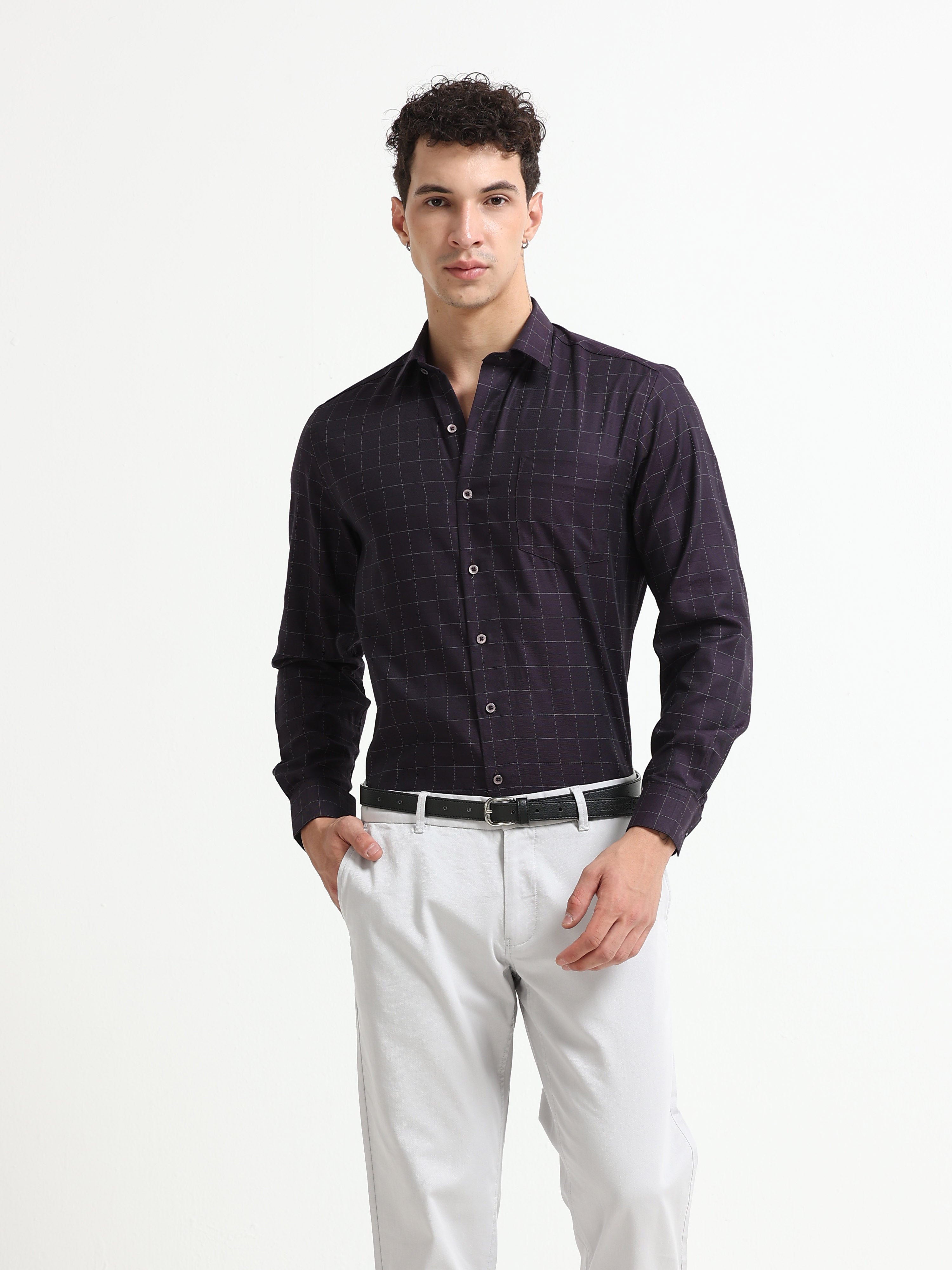 Aubergine Tectonic Windowpane Jacquard Shirt