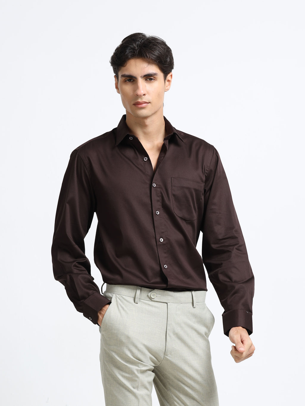 Roasted Bean Cotton Satin Stretch Solid Shirt
