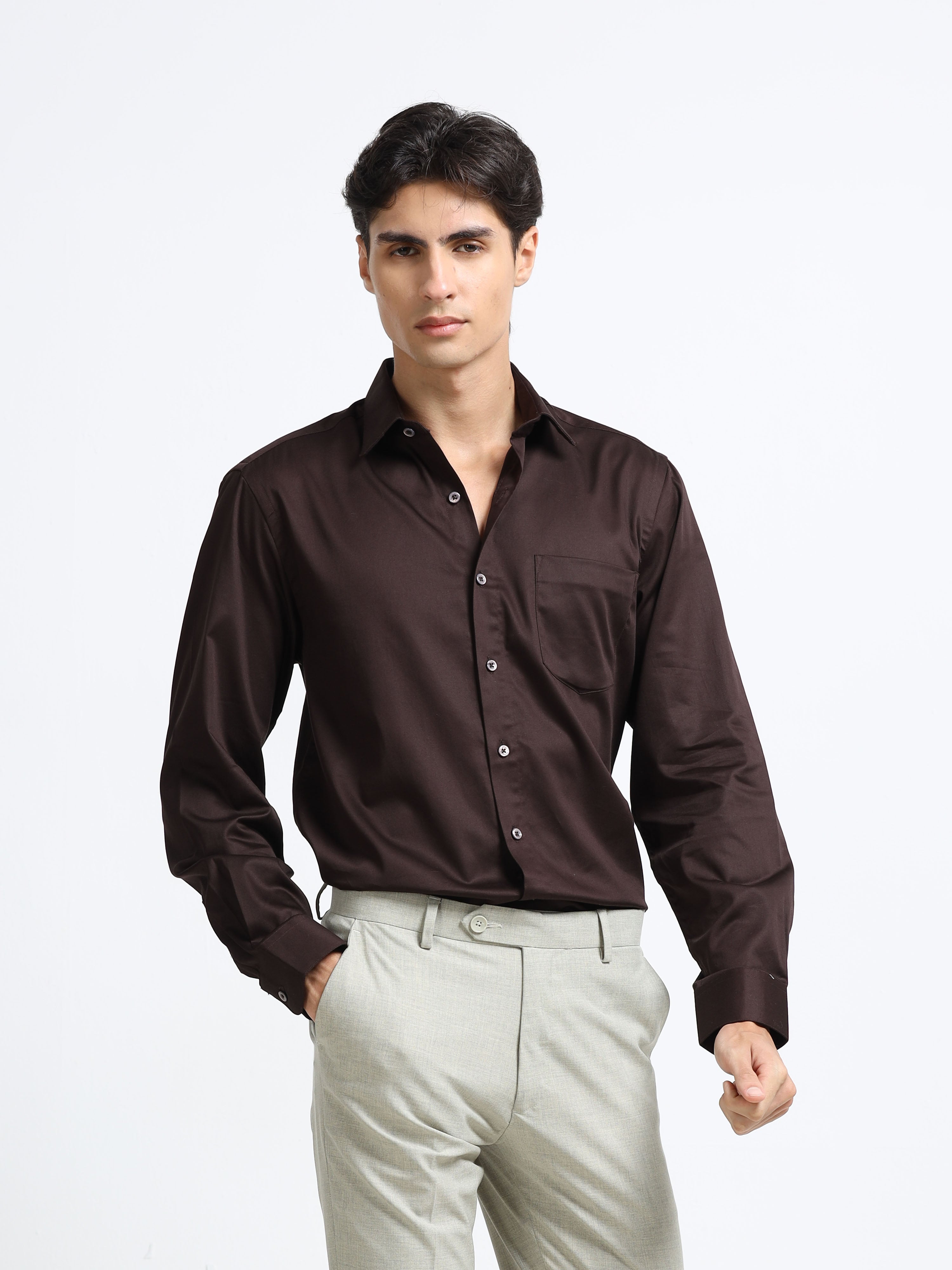 Roasted Bean Cotton Satin Stretch Solid Shirt