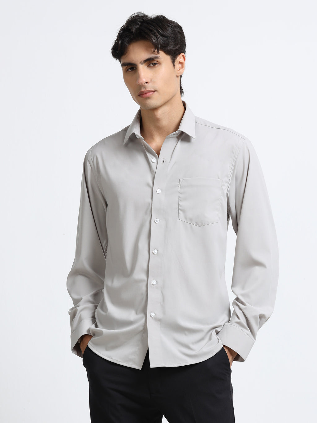 Steel Mist Cotton Satin Stretch Solid Shirt
