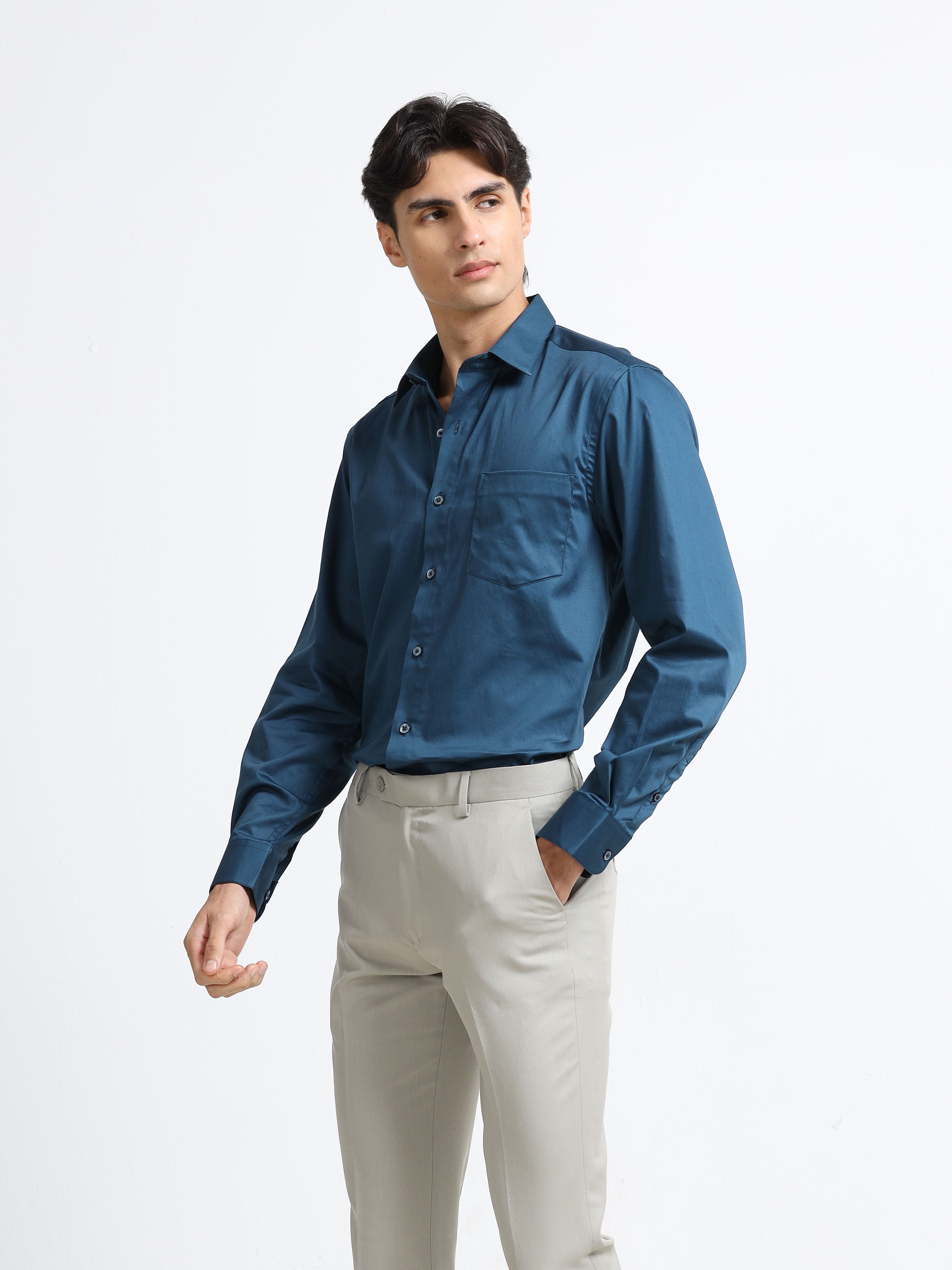 Midnight Teal Cotton Satin Stretch Solid Shirt