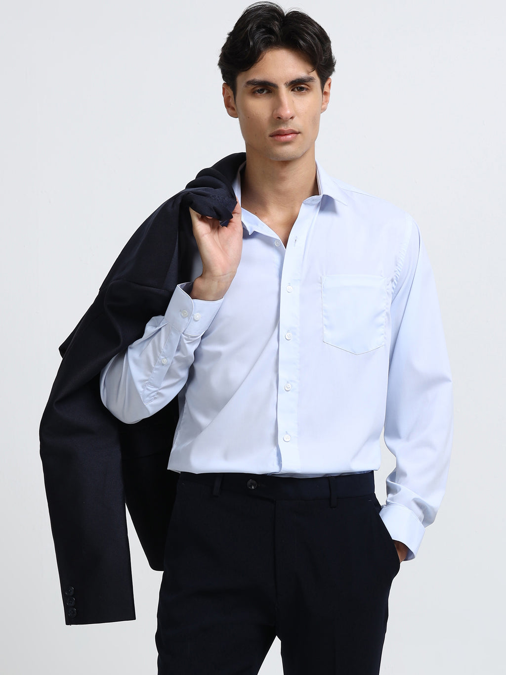 Celestial Blue Cotton Satin Stretch Solid Shirt