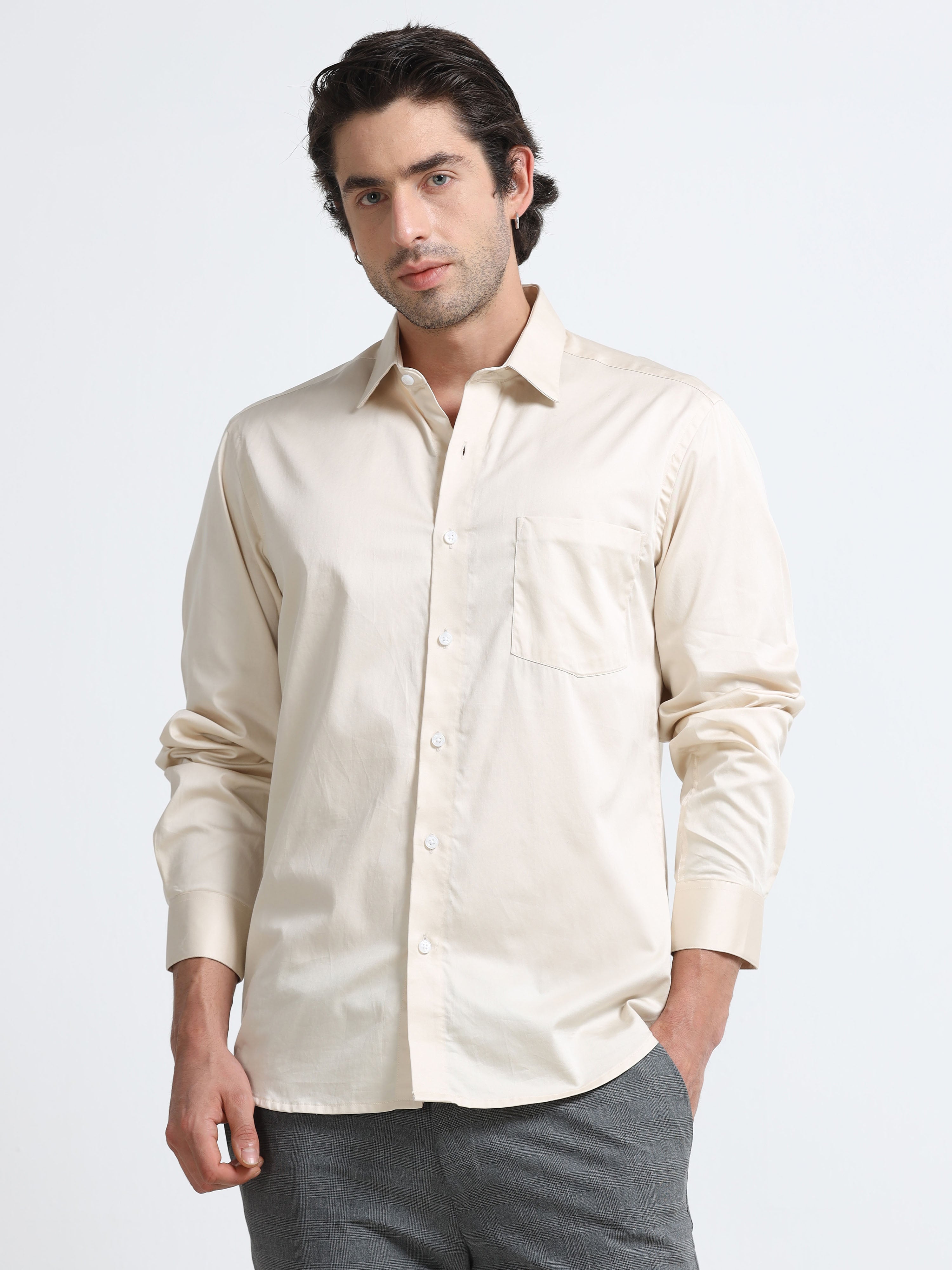 Champagne Luster Cotton Satin Stretch Solid Shirt
