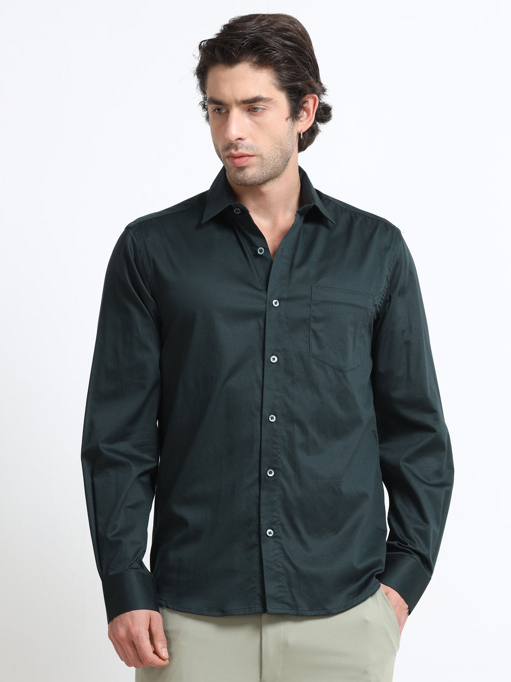 Noir Evergreen Cotton Satin Stretch Solid Shirt
