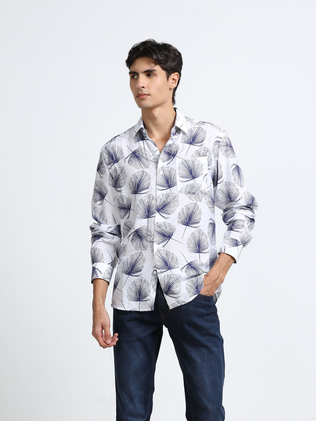 Coastal Ginkgo Indigo Cotton Textured Printed Shirt