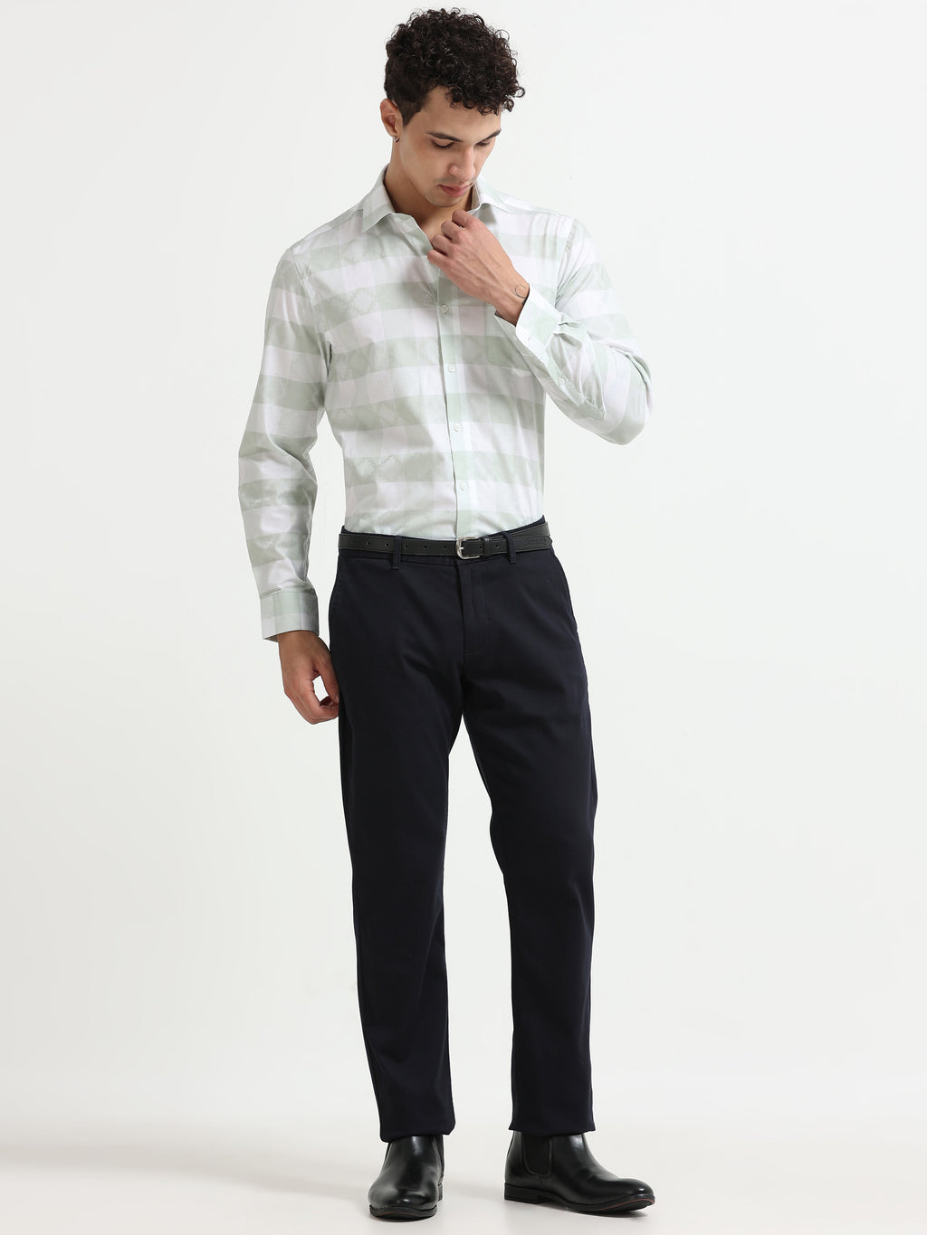 NAVY DOBBIES COTTON LYCRA BLEND TROUSER