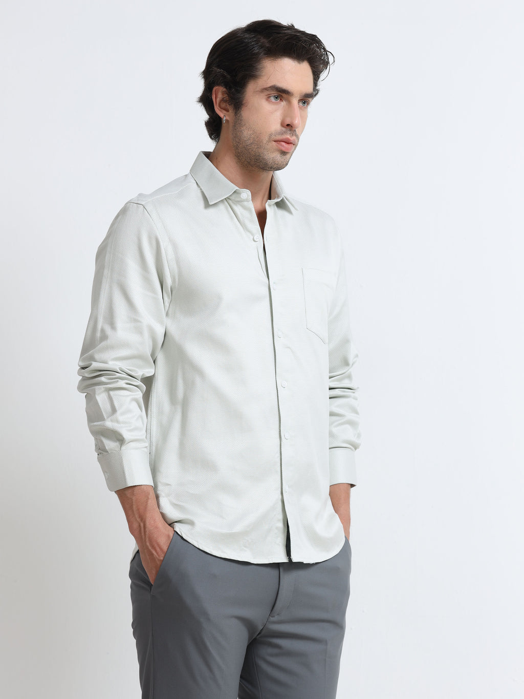 Men - Pista Green - Slim Fit - Textured Formal Shirt