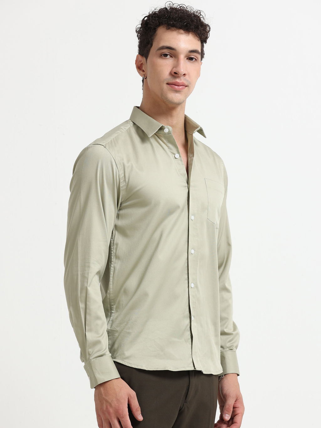 Muted Olive Cotton Satin Stretch Solid Shirt