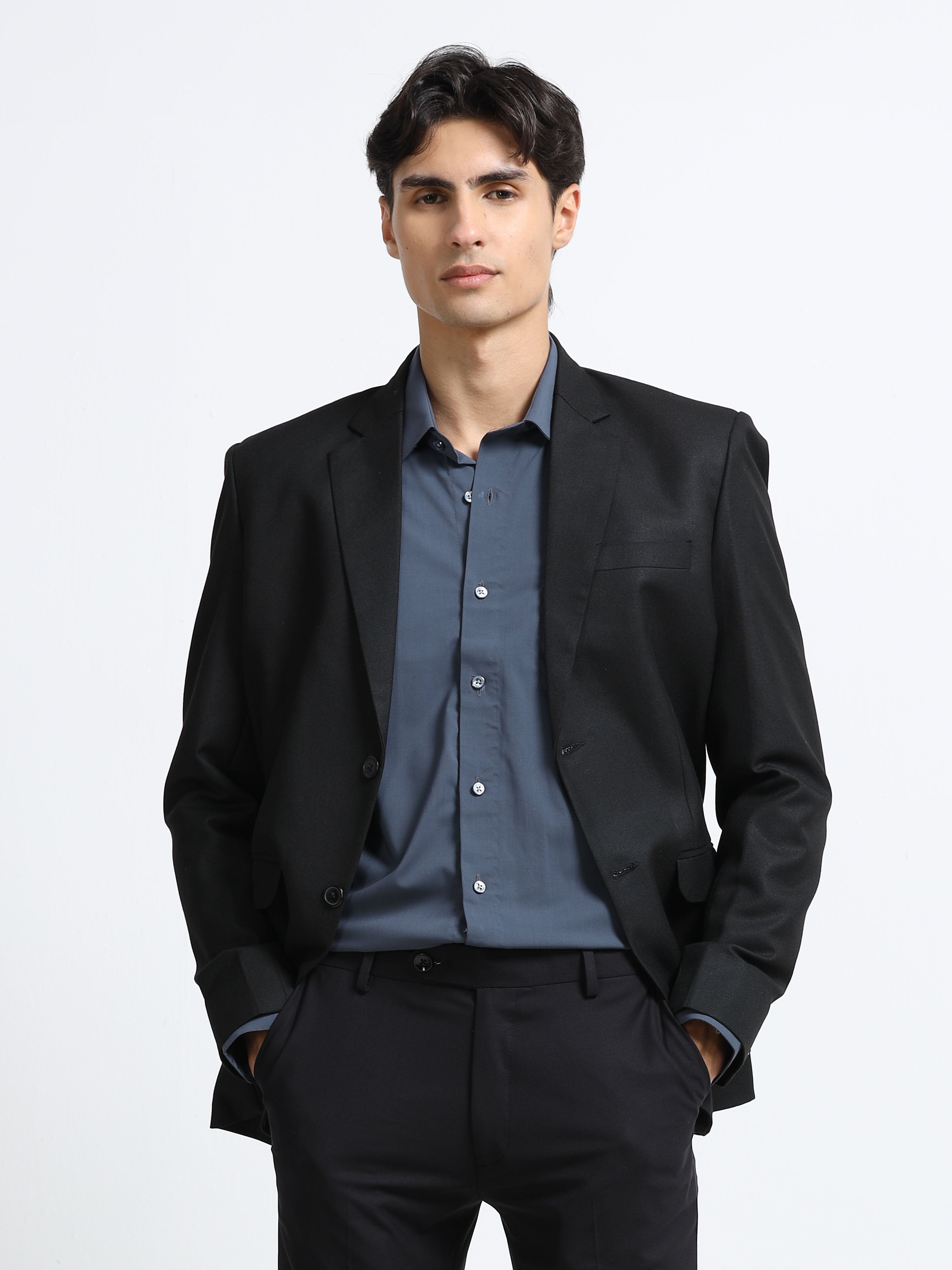Midnight Slate Cotton Satin Stretch Solid Shirt