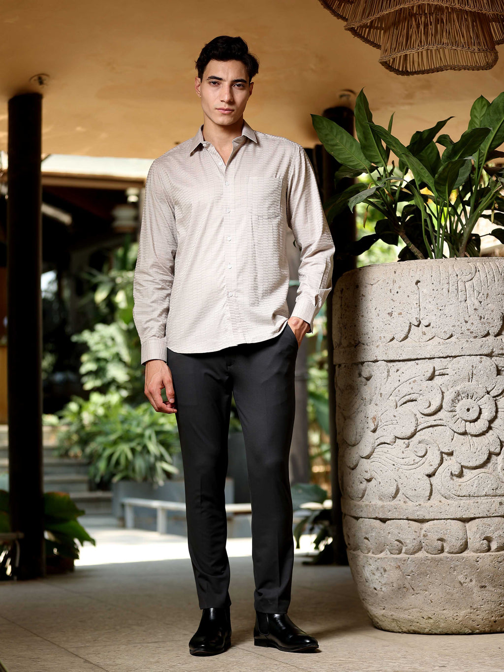 Sand Grid Windowpane Jacquard Shirt