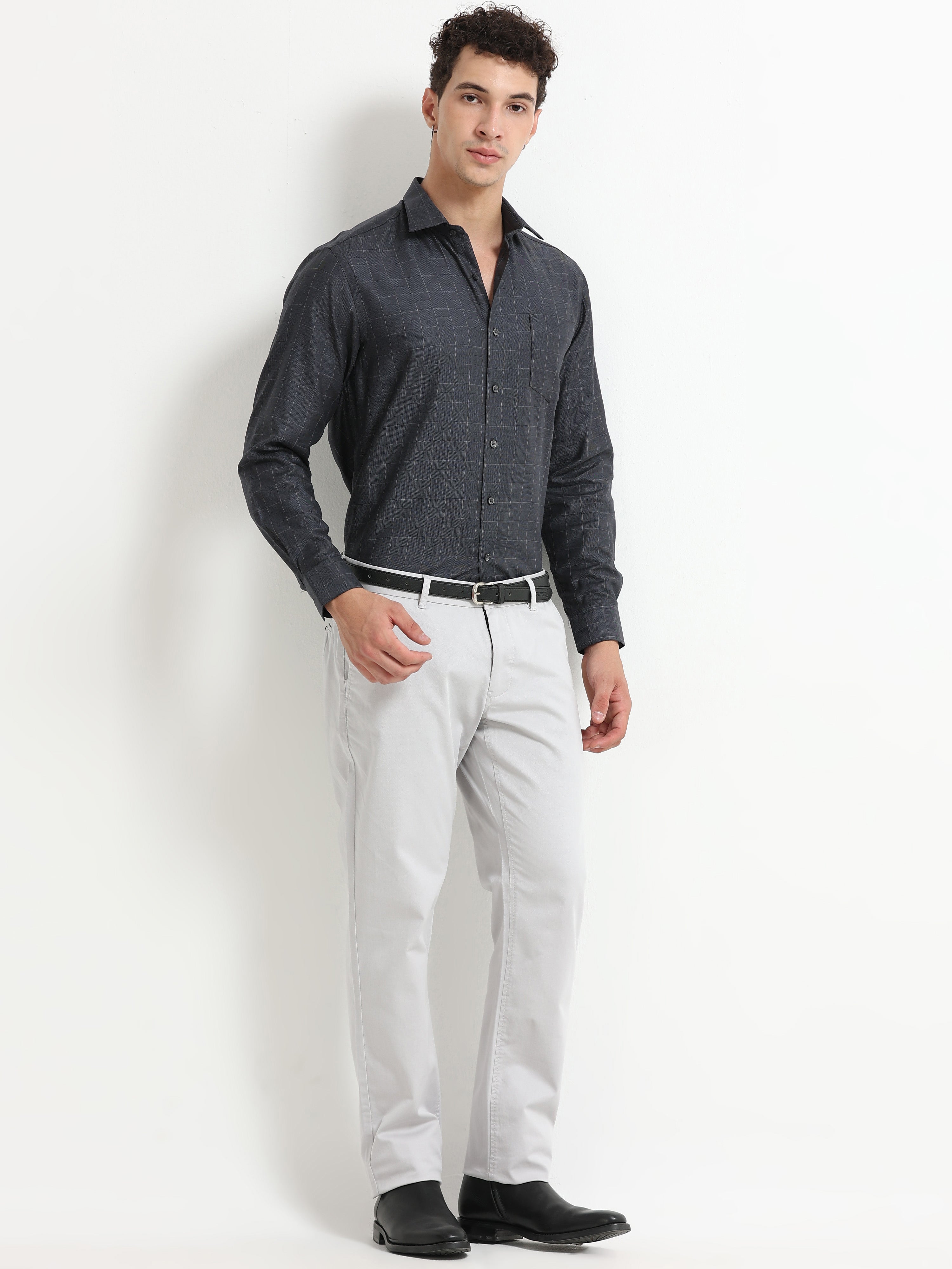 LIGHT GREY DOBBIES COTTON LYCRA BLEND TROUSER