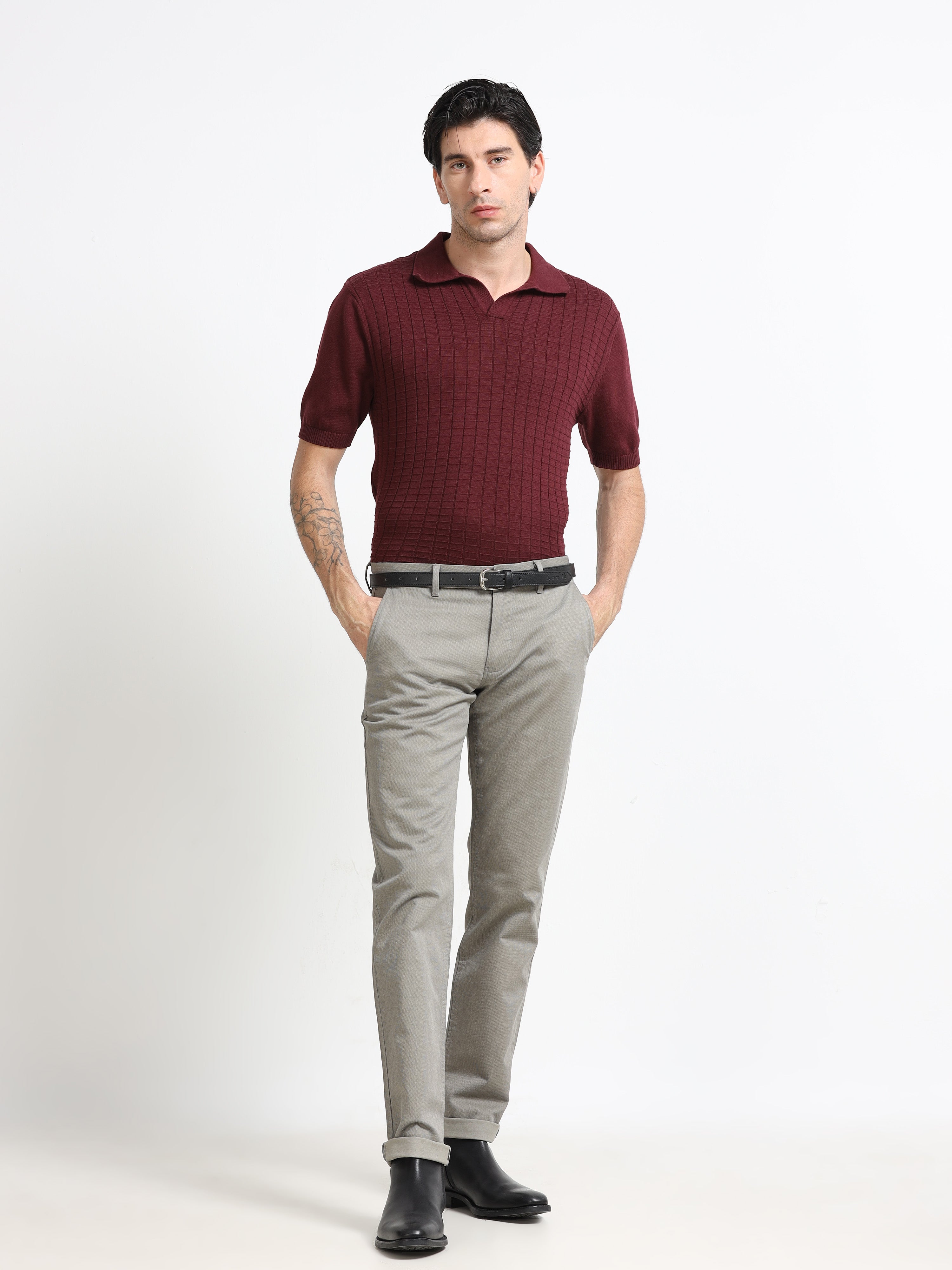 TAUPE DOBBIES COTTON LYCRA BLEND TROUSER