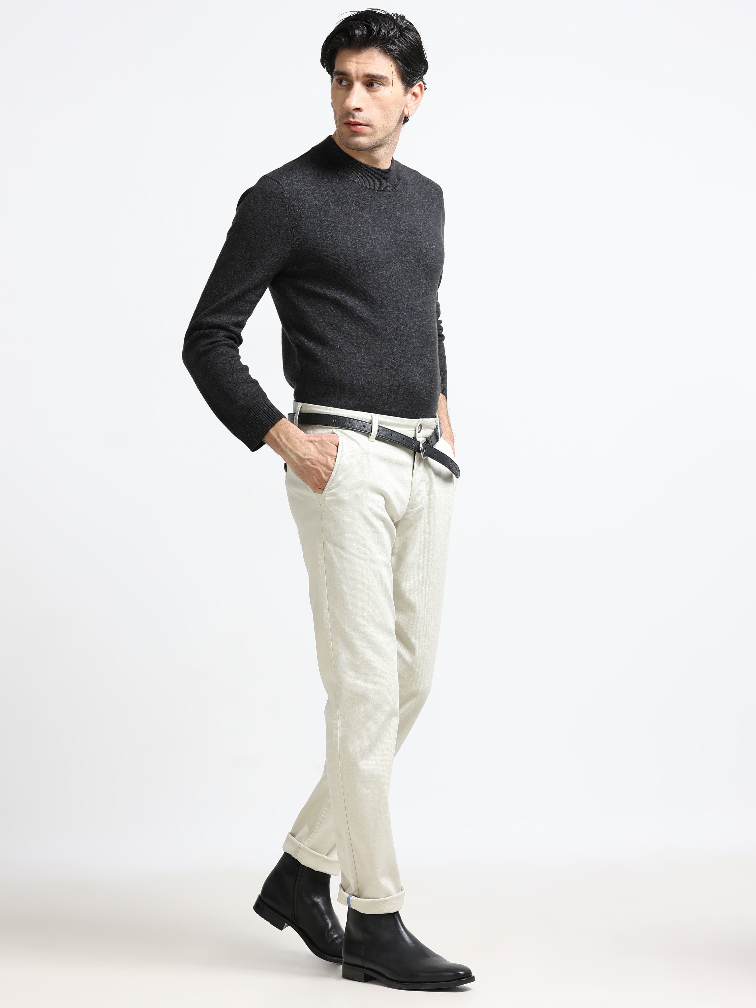 ECRU DOBBIES COTTON LYCRA BLEND TROUSER