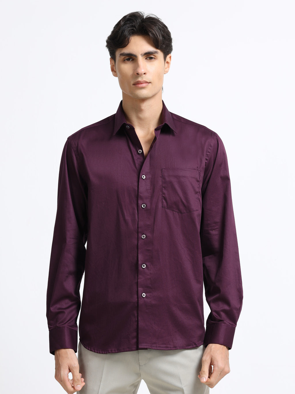 Mignight Wine Cotton Satin Stretch Solid Shirt