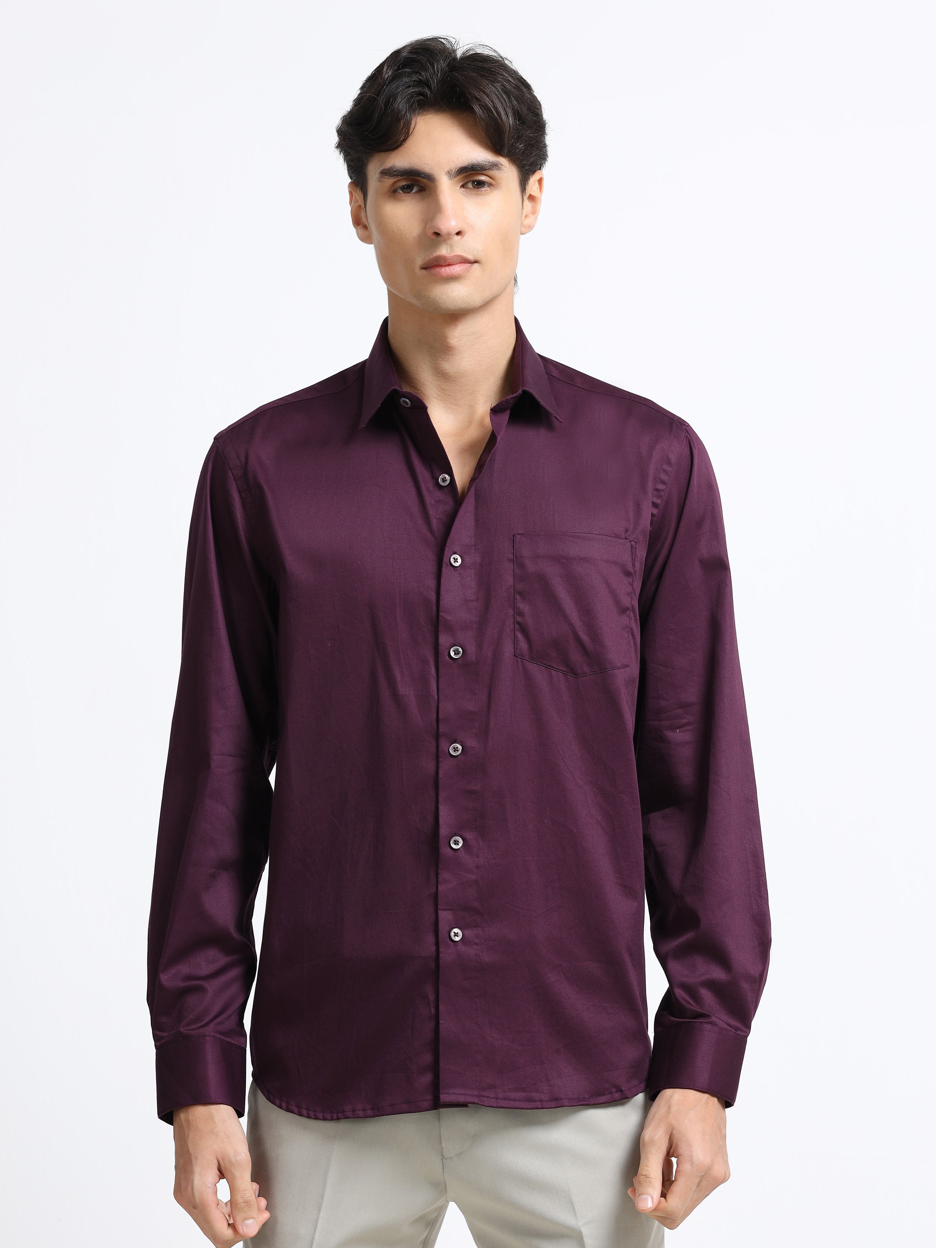 Mignight Wine Cotton Satin Stretch Solid Shirt