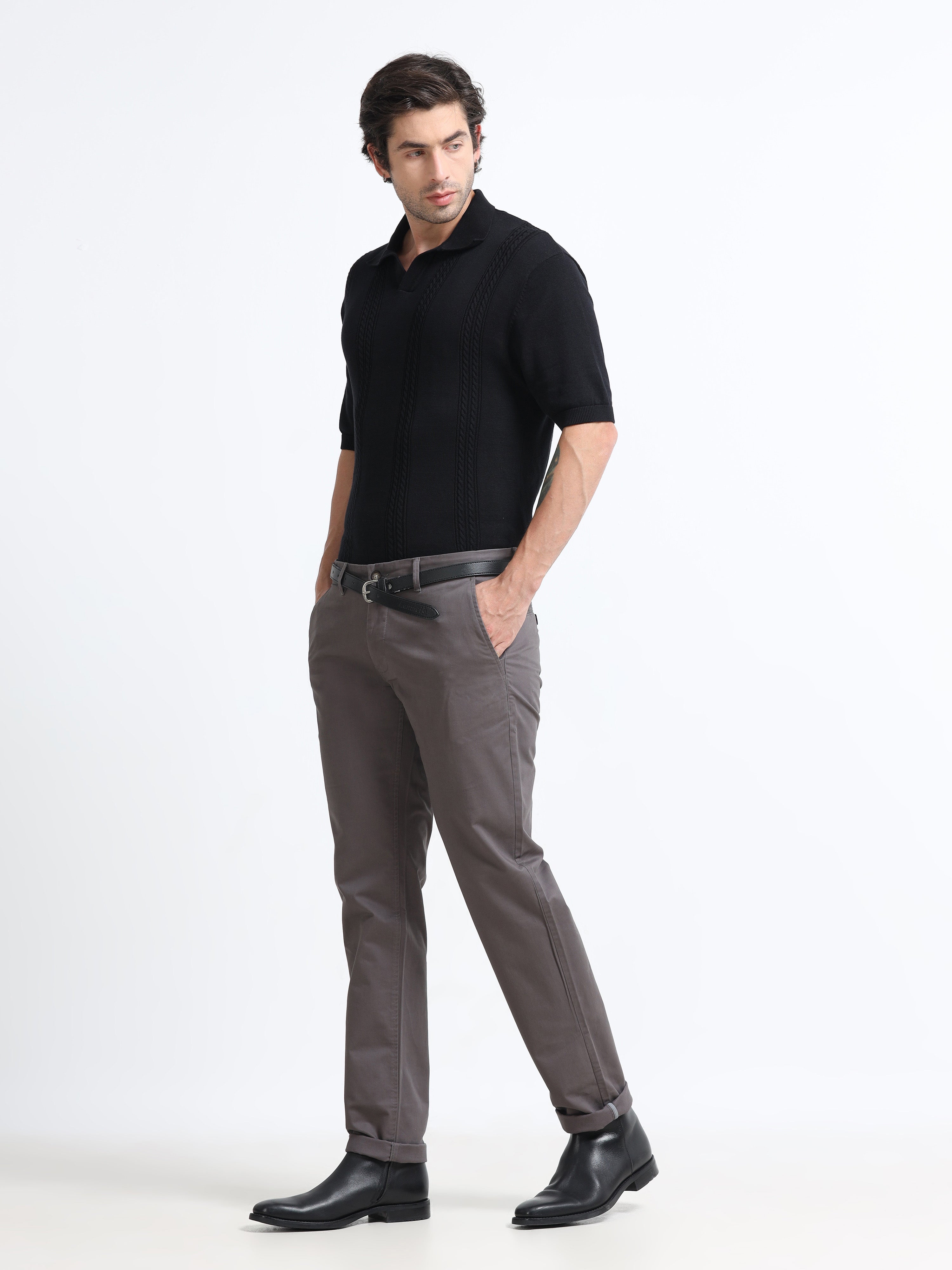 CEMENT GREY CONVERSE COTTON LYCRA STRECTH TROUSERS