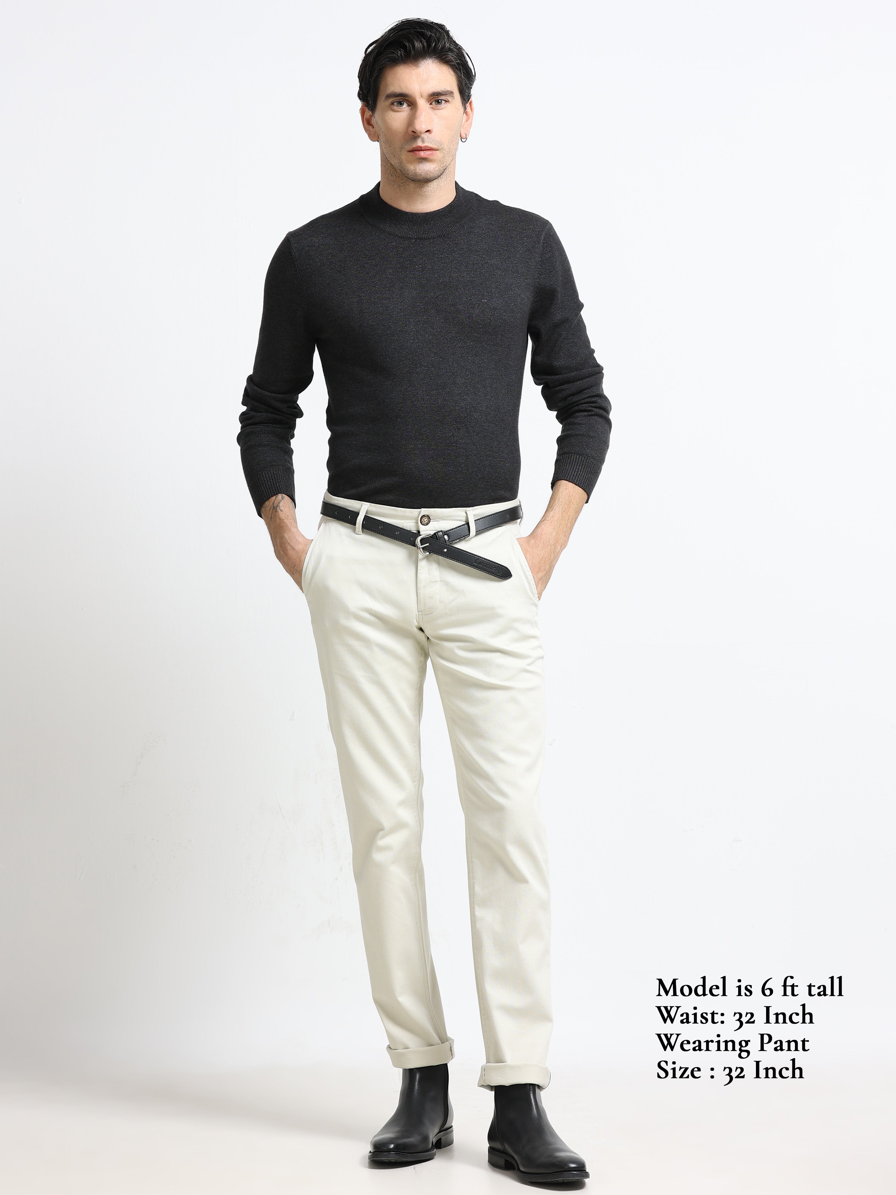 ECRU DOBBIES COTTON LYCRA BLEND TROUSER