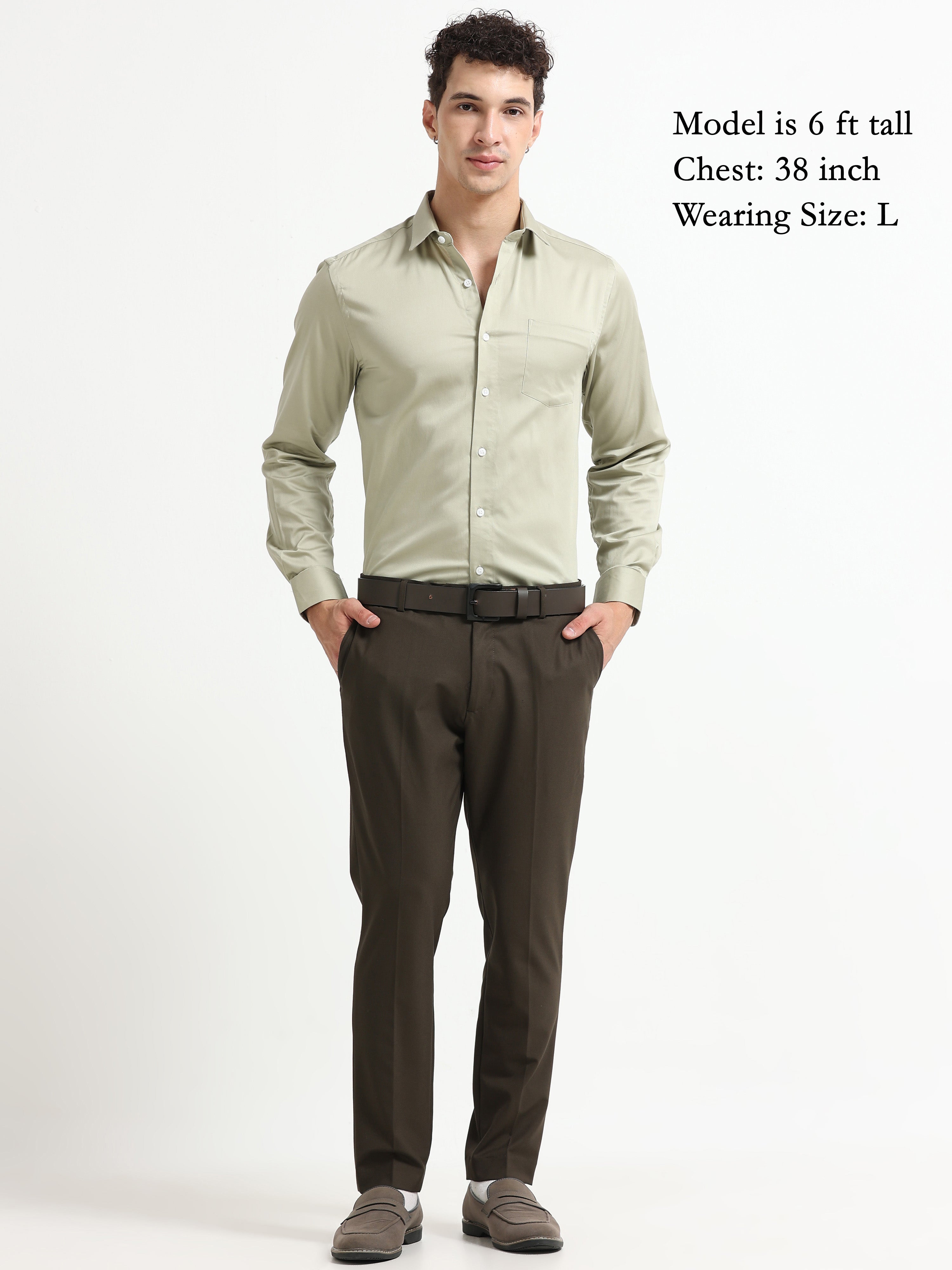 Muted Olive Cotton Satin Stretch Solid Shirt