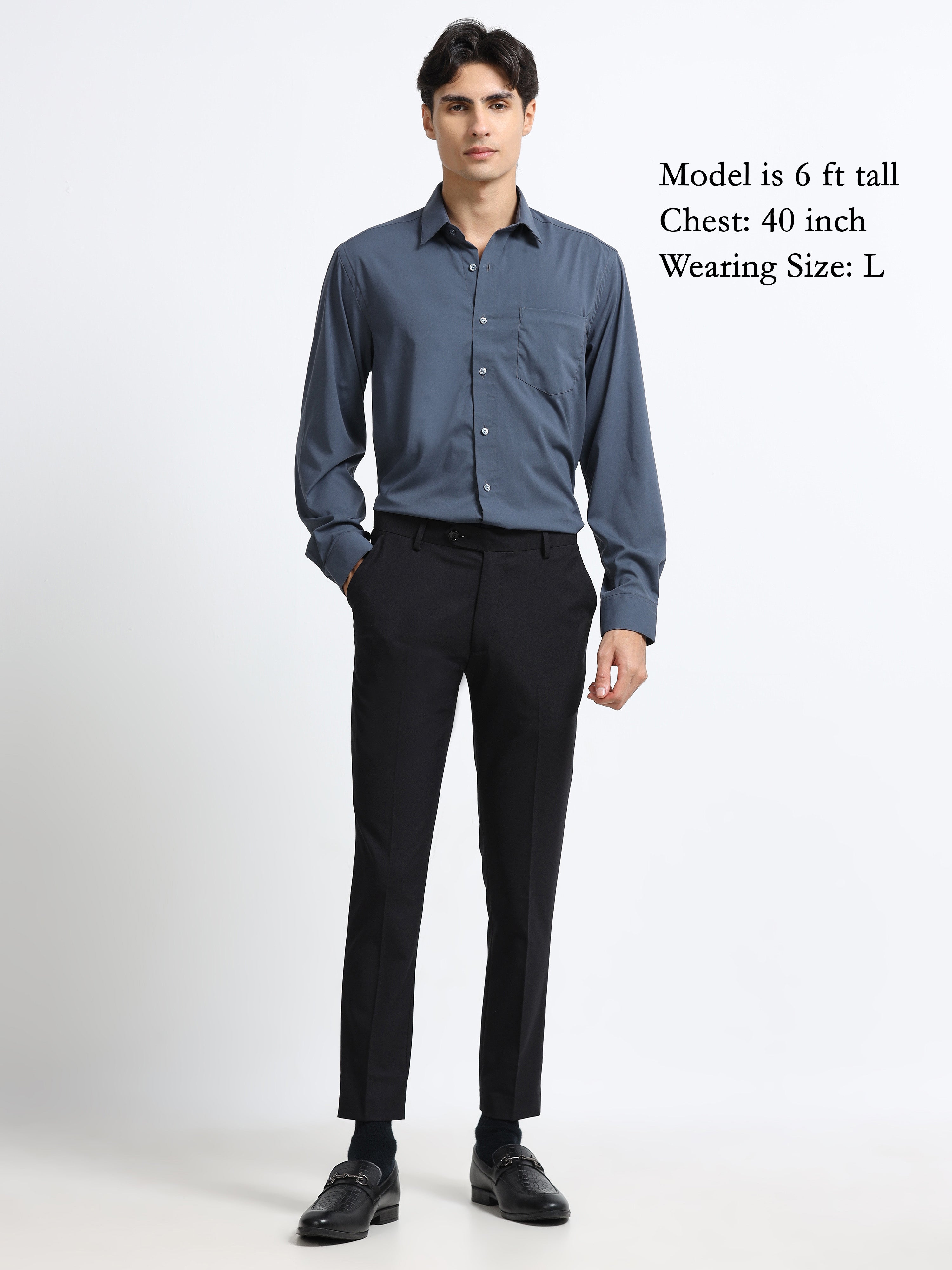 Midnight Slate Cotton Satin Stretch Solid Shirt