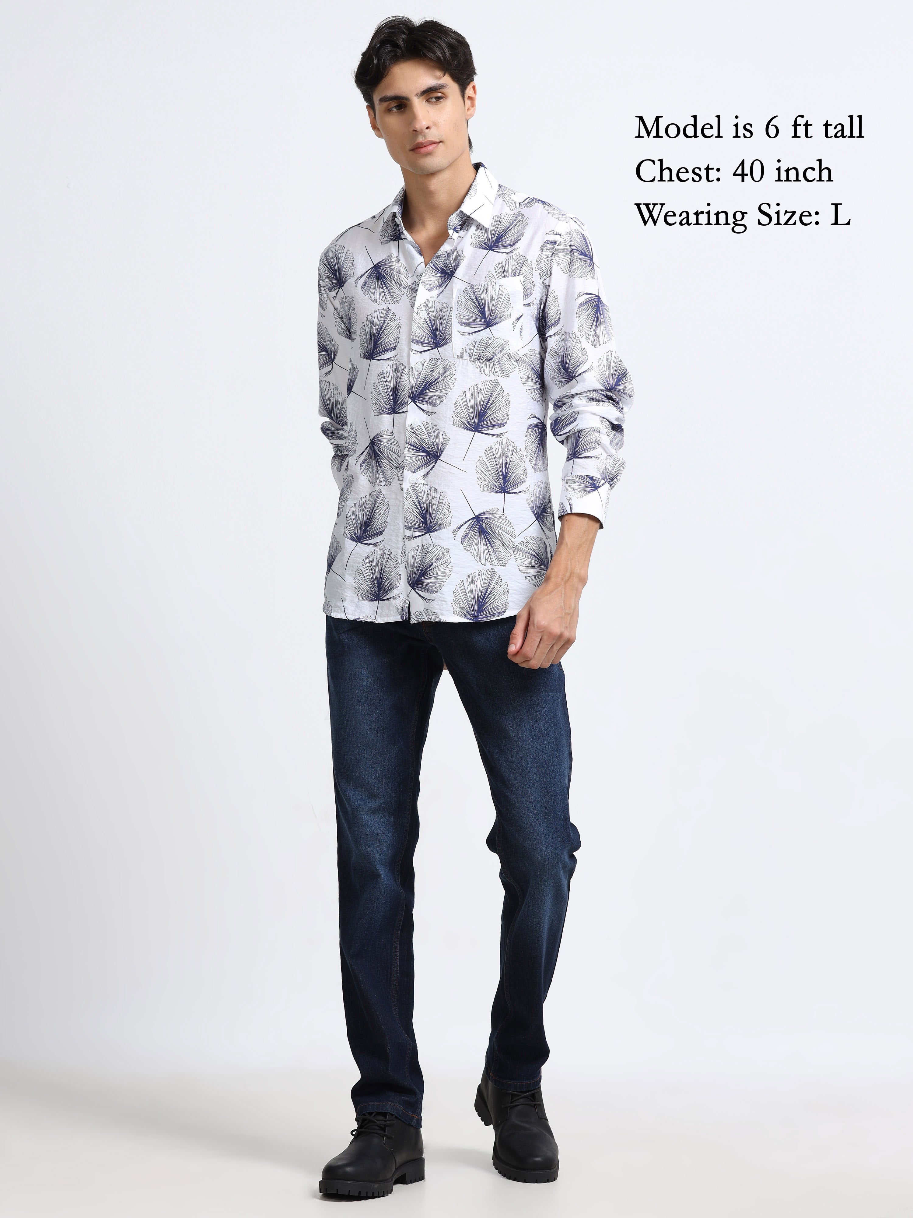 Coastal Ginkgo Indigo Cotton Textured Printed Shirt