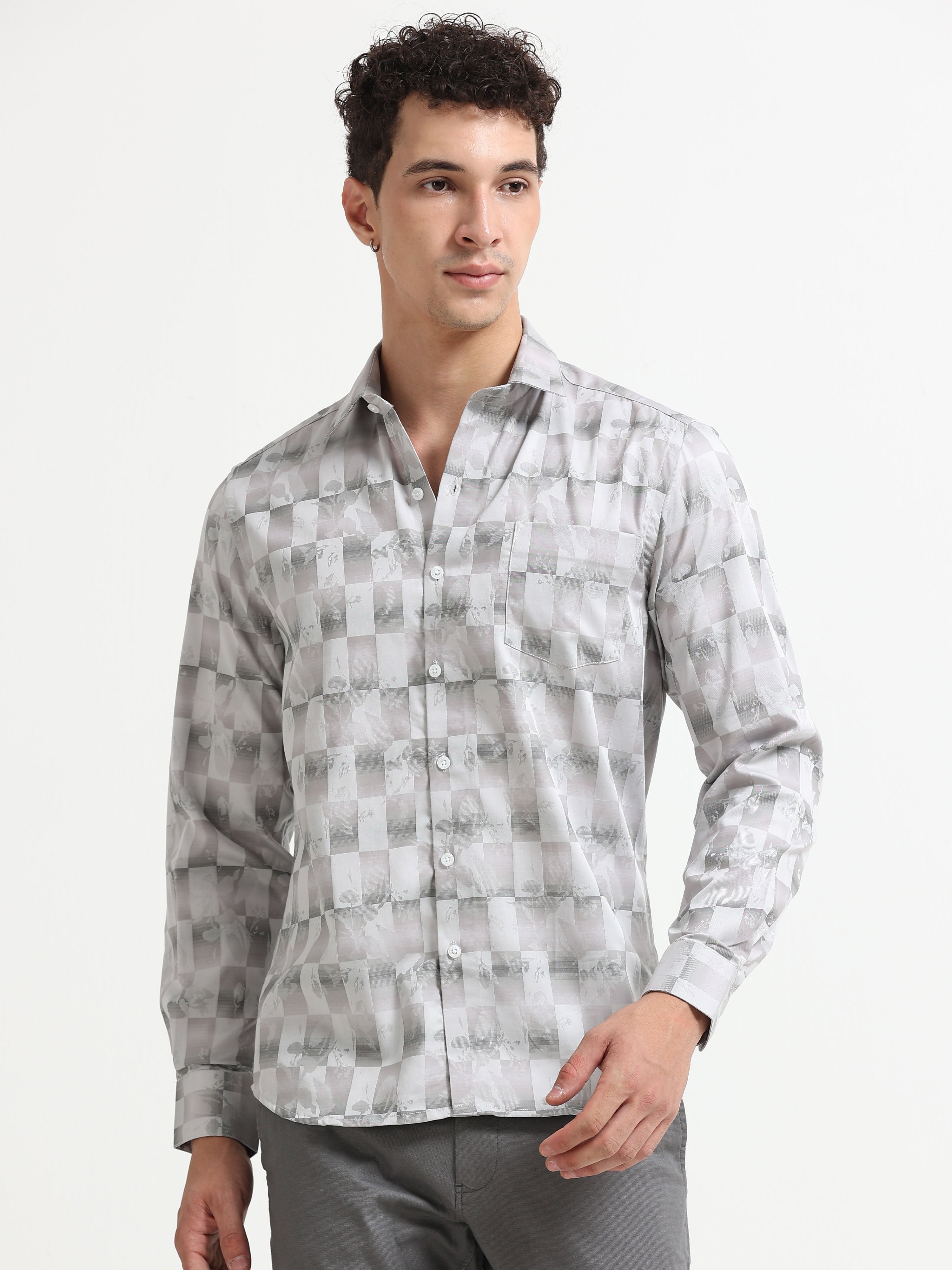Silver Shadow Floral Checkerboard Jacquard Shirt