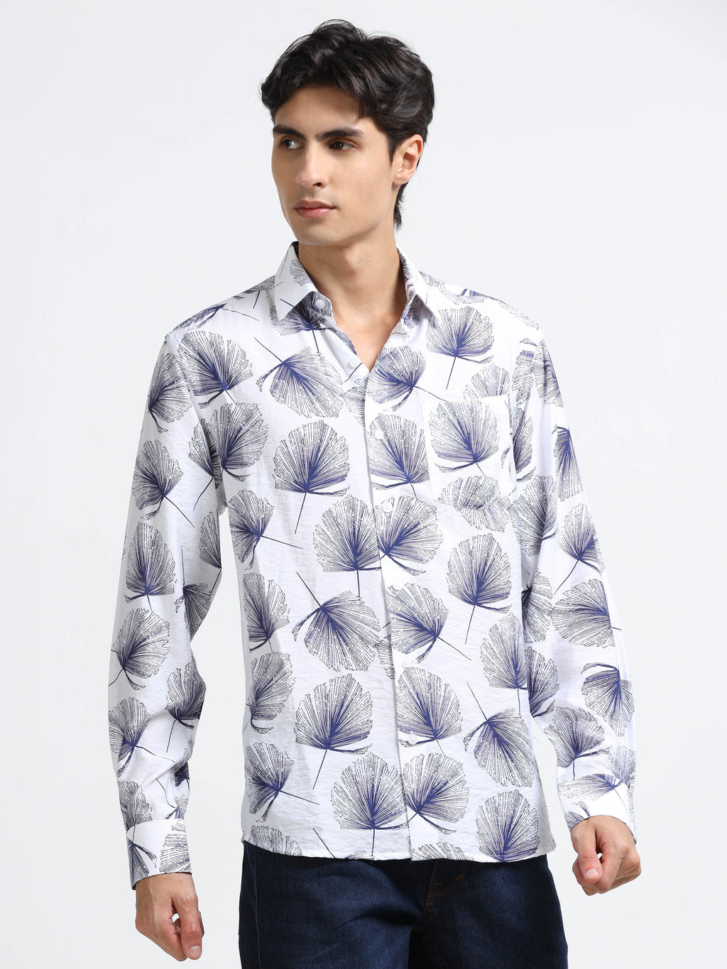 Coastal Ginkgo Indigo Cotton Textured Printed Shirt