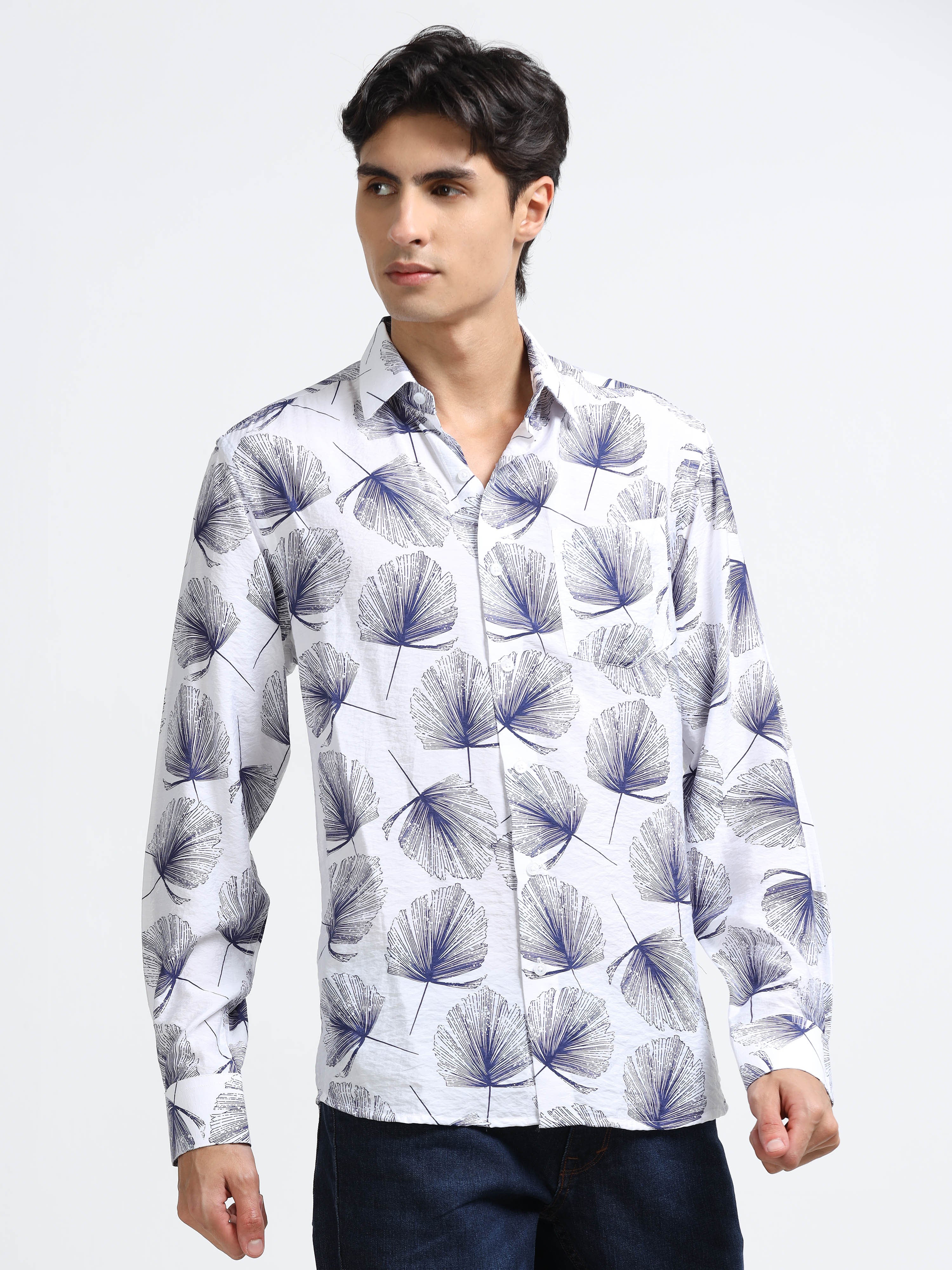 Coastal Ginkgo Indigo Cotton Textured Printed Shirt