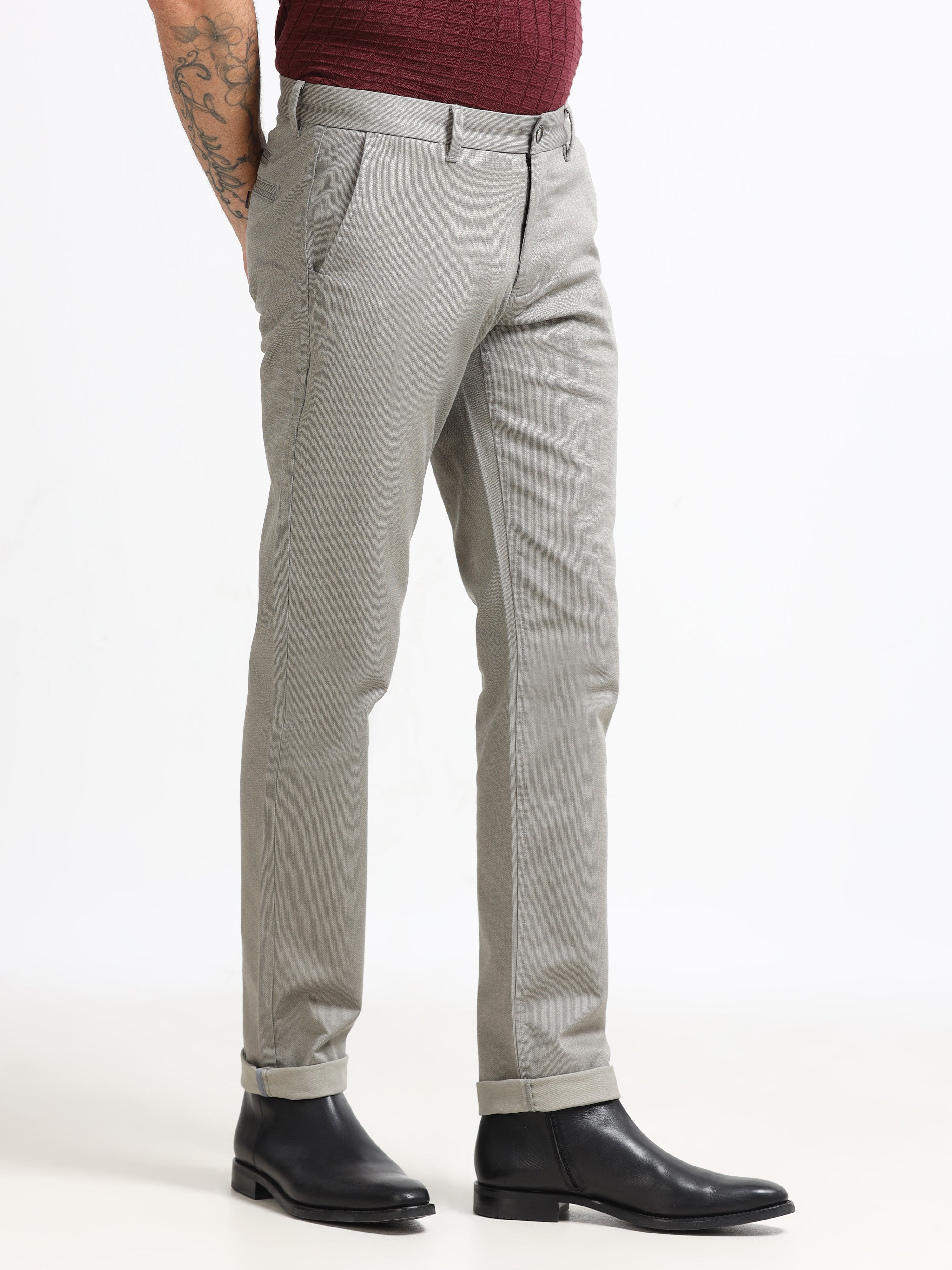TAUPE DOBBIES COTTON LYCRA BLEND TROUSER