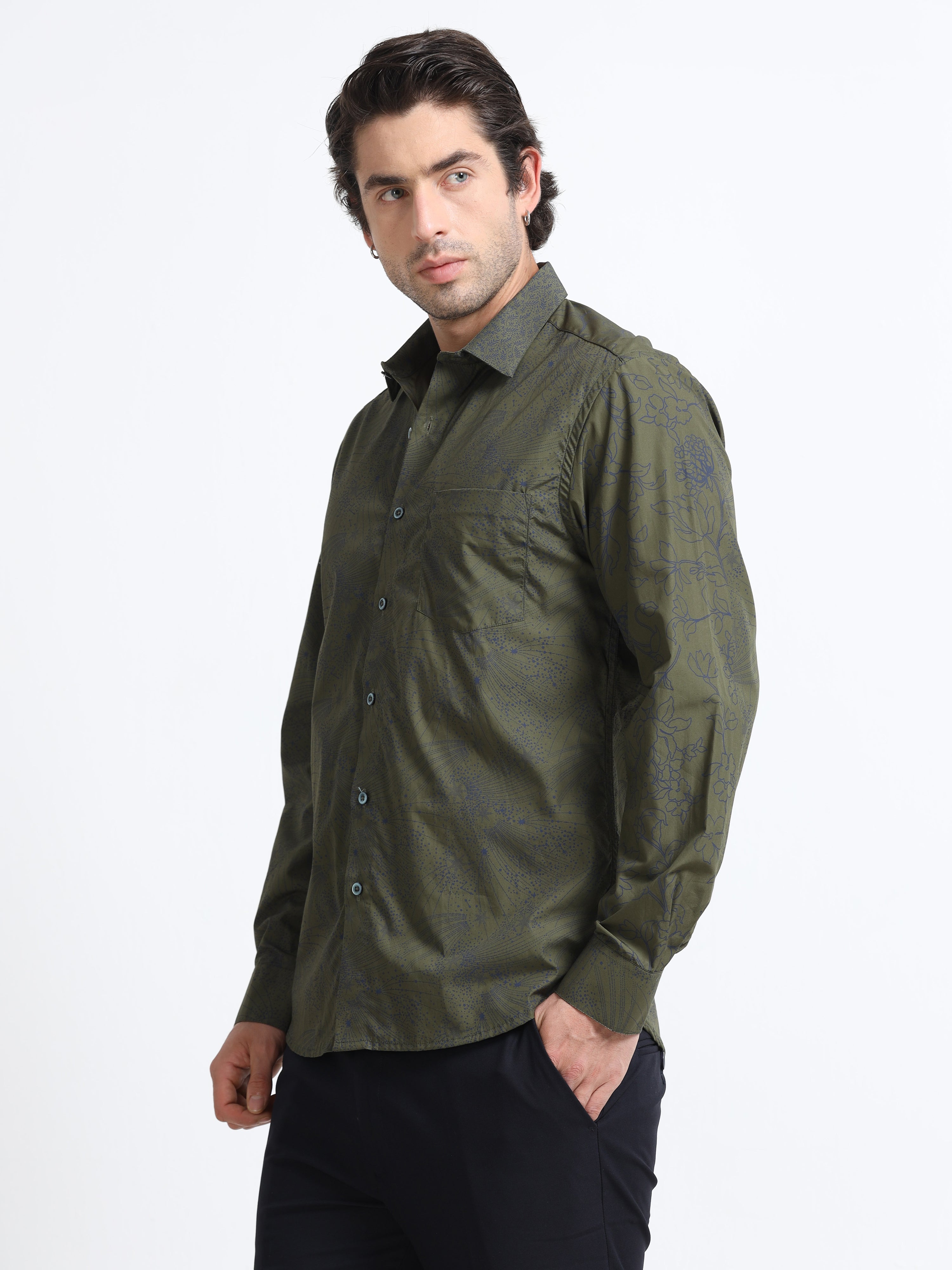 Obsidian Olive Artisan Flora Cotton Print Shirt