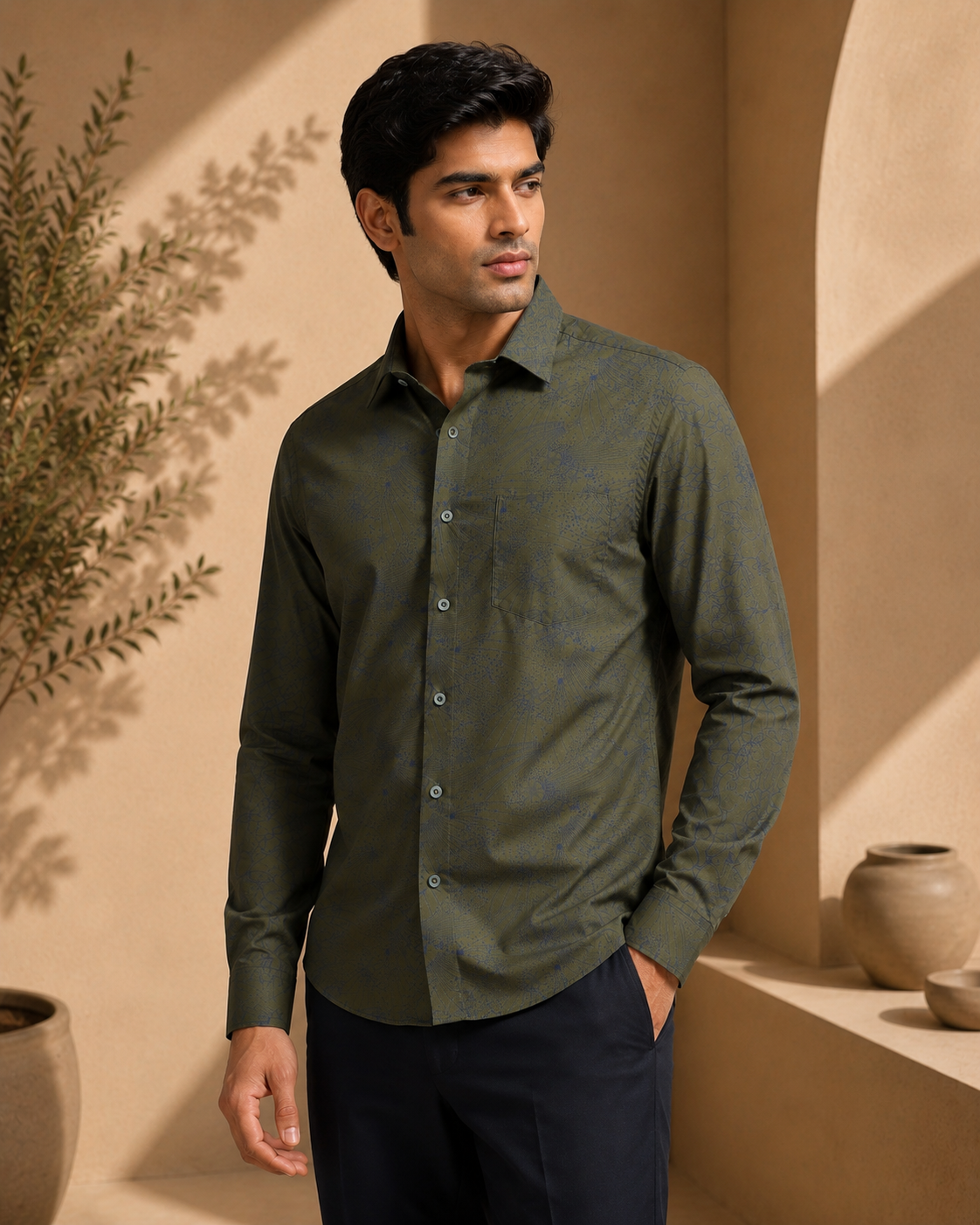 Obsidian Olive Artisan Flora Cotton Print Shirt