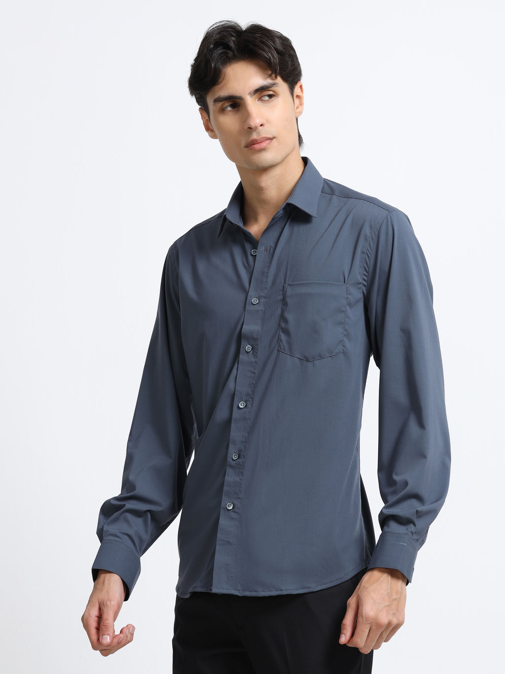 Midnight Slate Cotton Satin Stretch Solid Shirt