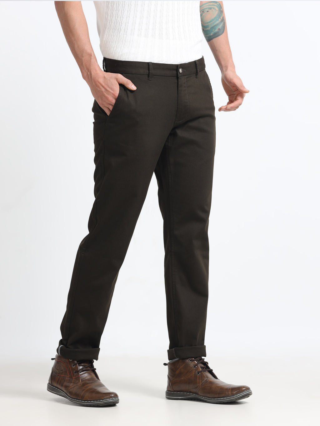 DARK OLIVE DOBBIES COTTON LYCRA BLEND TROUSER