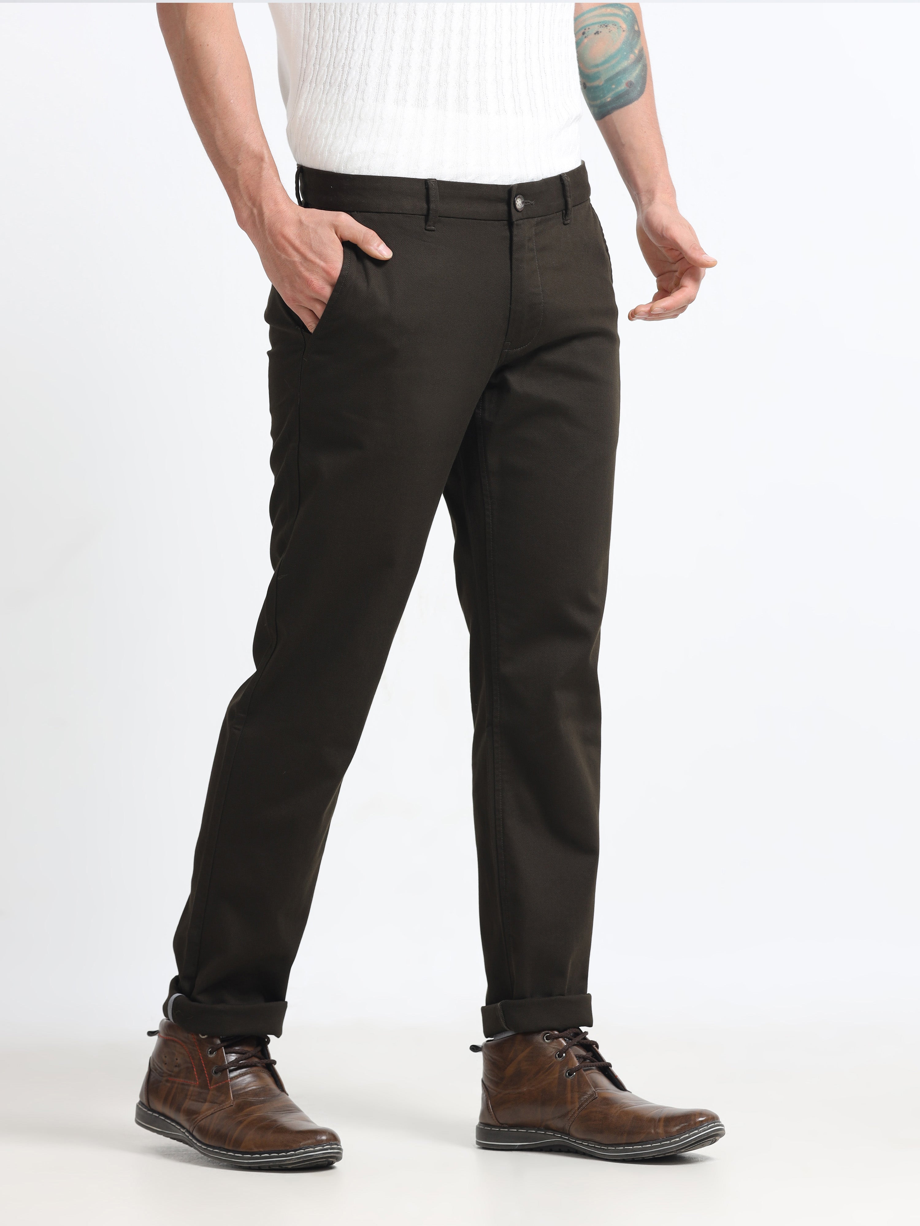 DARK OLIVE DOBBIES COTTON LYCRA BLEND TROUSER