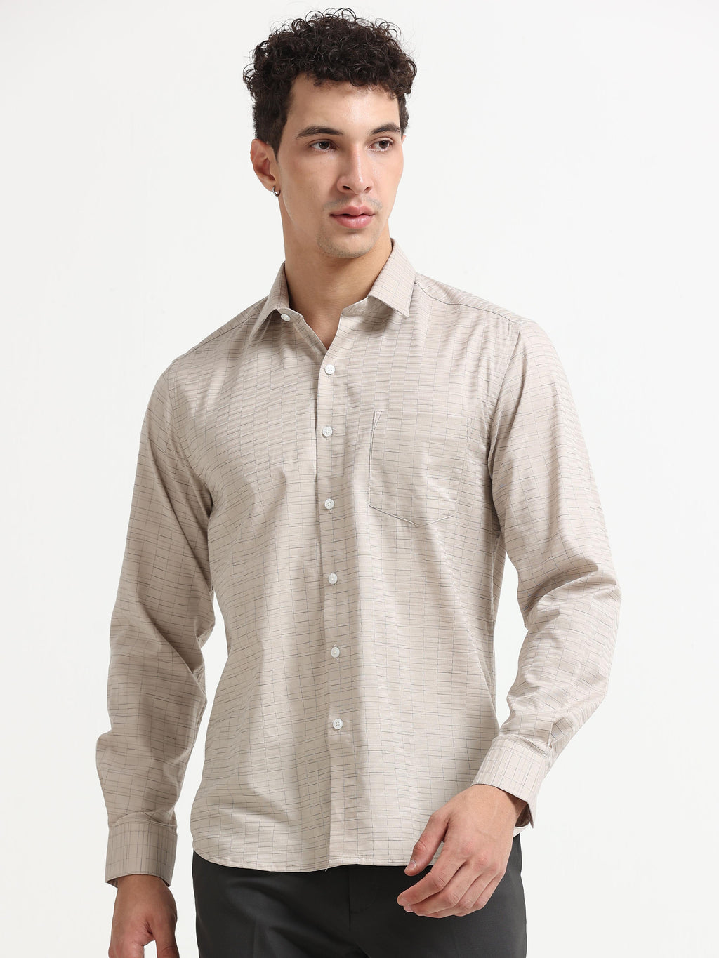 Sand Grid Windowpane Jacquard Shirt