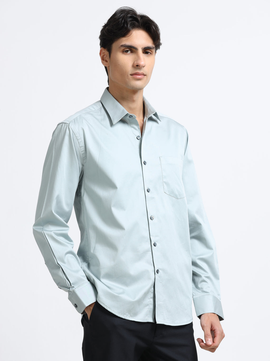 Arctic Mint Cotton Satin Stretch Solid Shirt