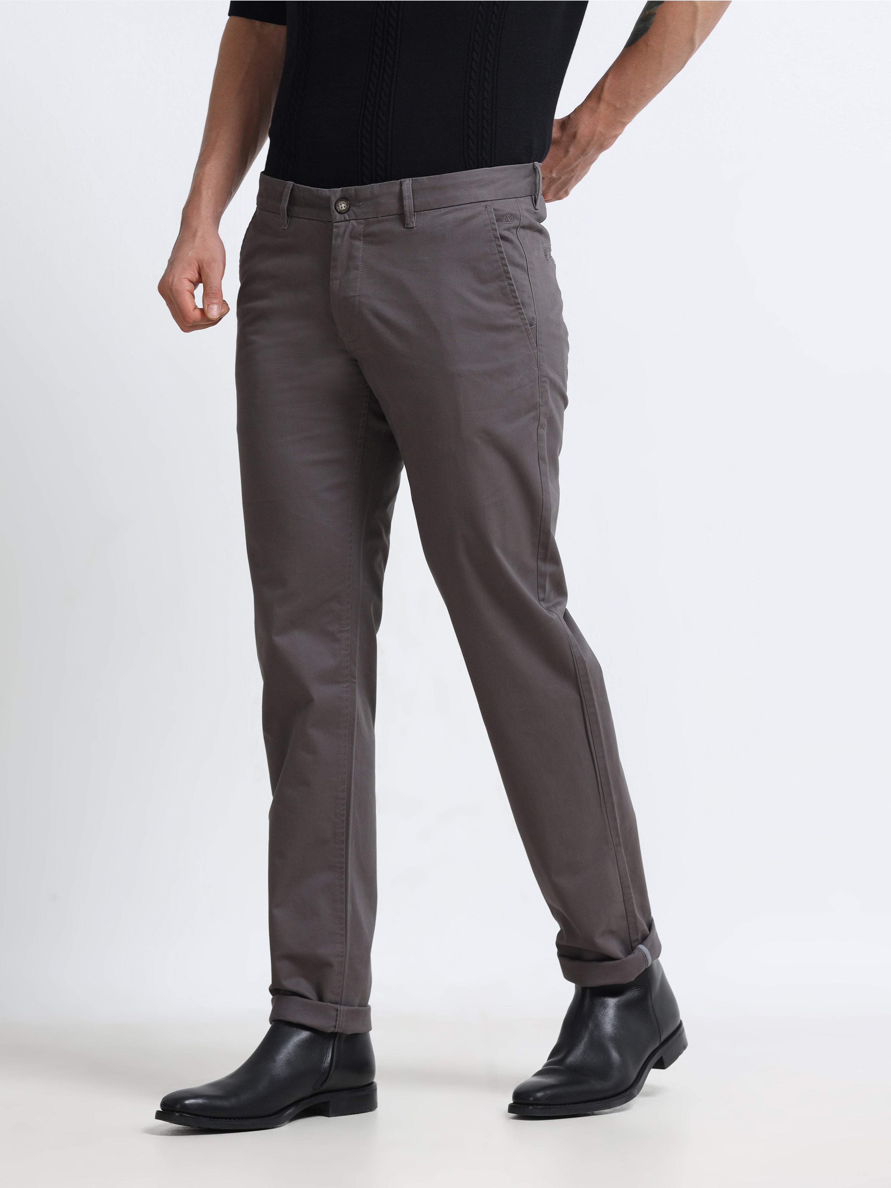 CEMENT GREY CONVERSE COTTON LYCRA STRECTH TROUSERS