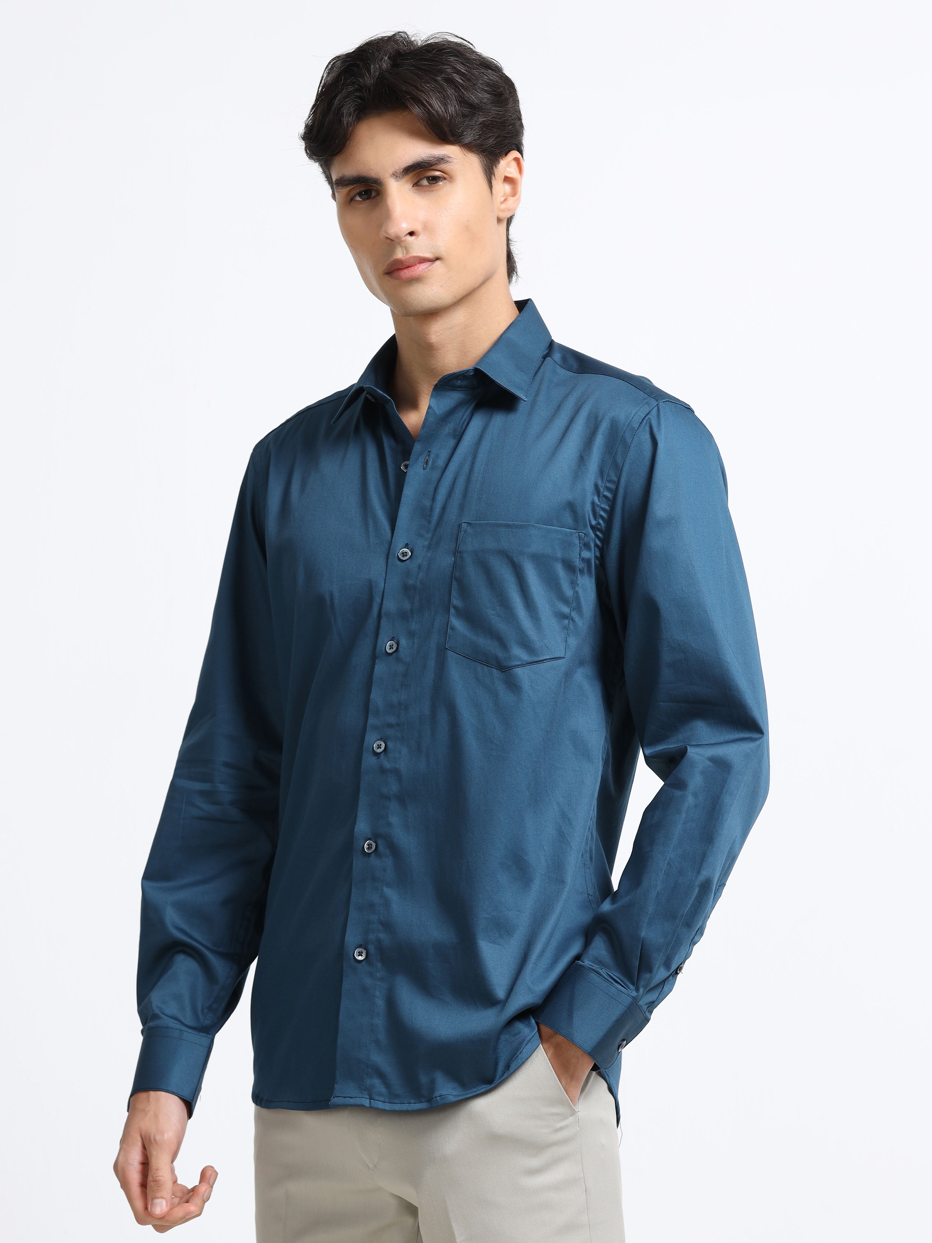Midnight Teal Cotton Satin Stretch Solid Shirt