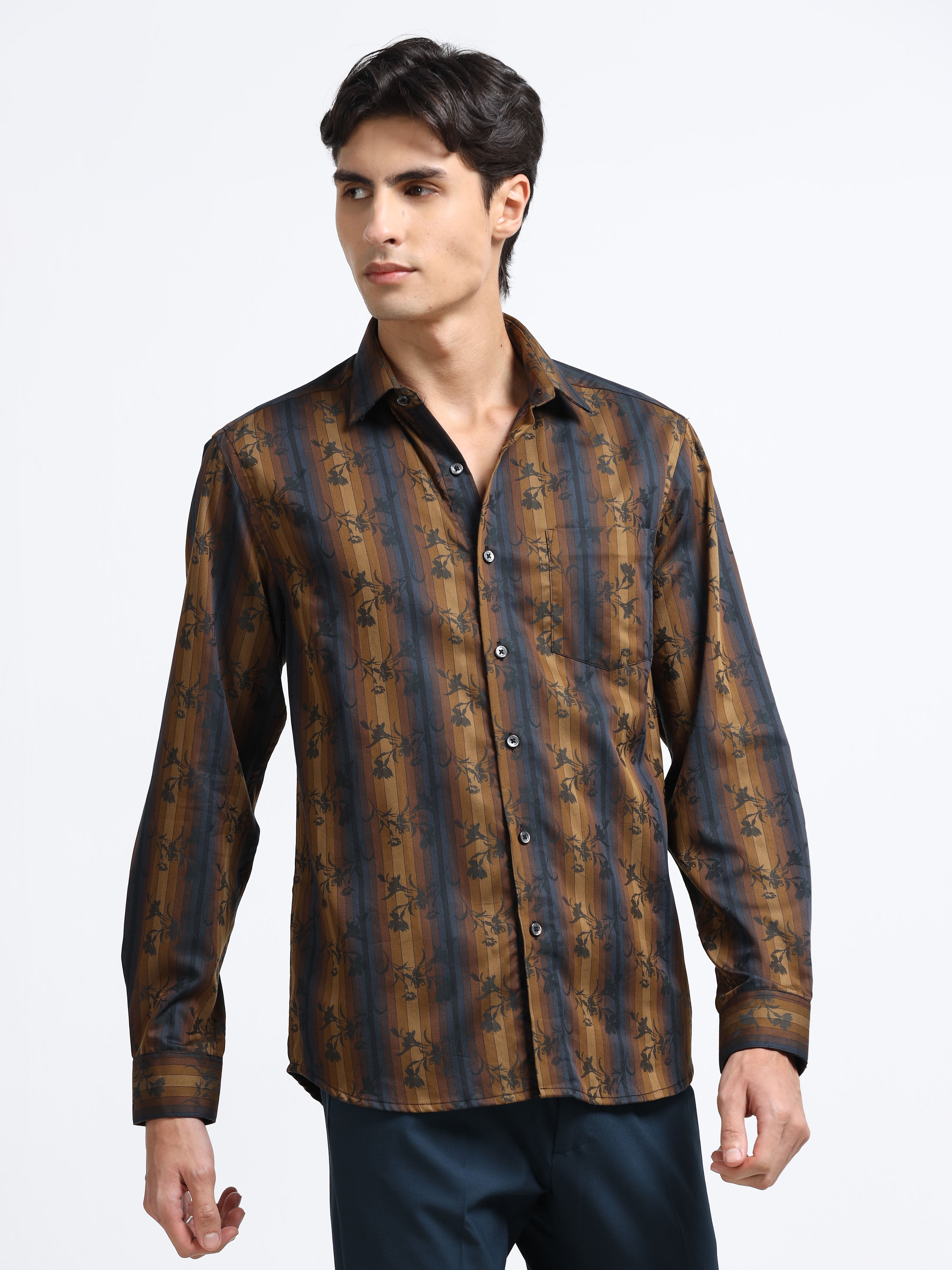 Midnight Copper Ornamental Floral Stripe Shirt