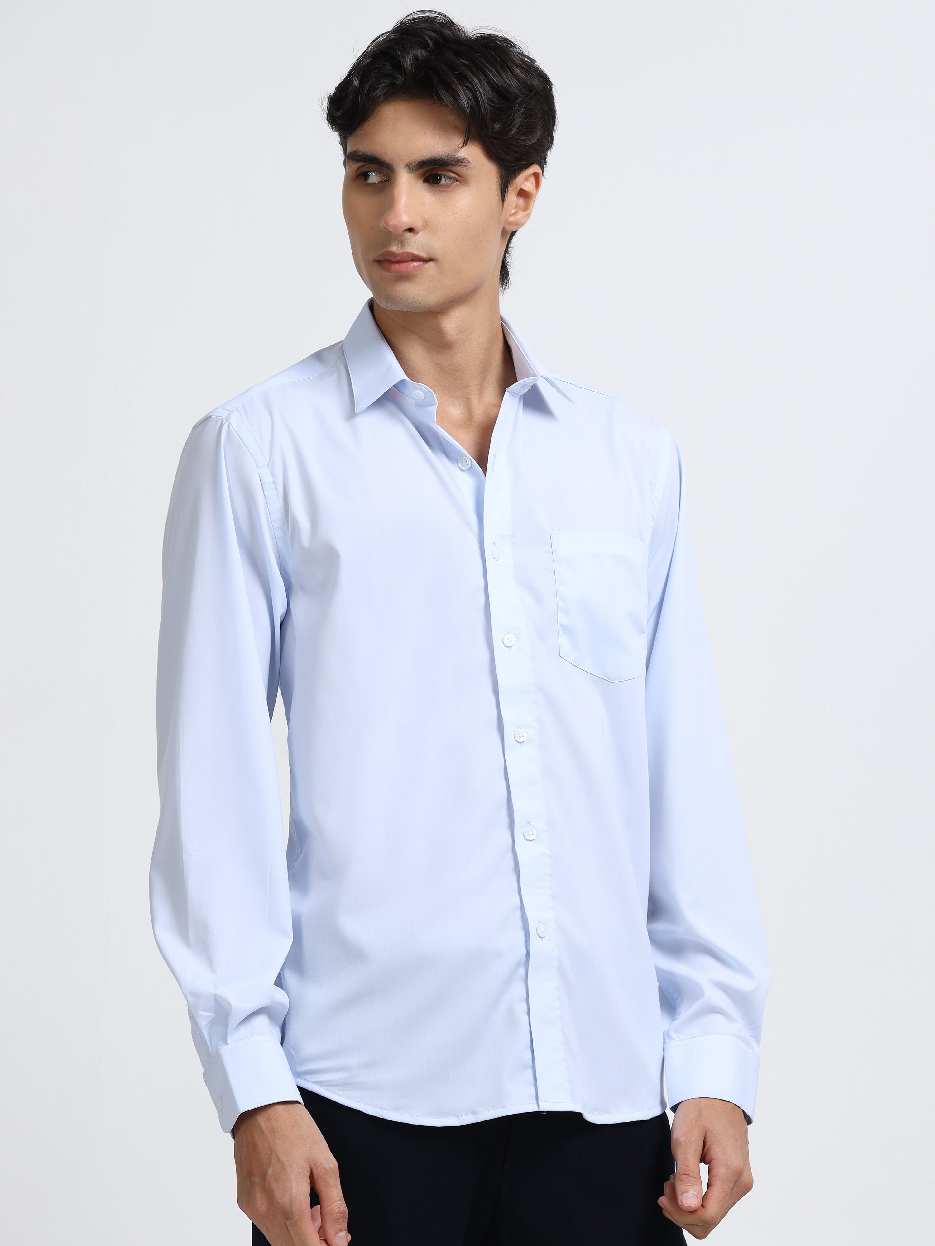 Celestial Blue Cotton Satin Stretch Solid Shirt