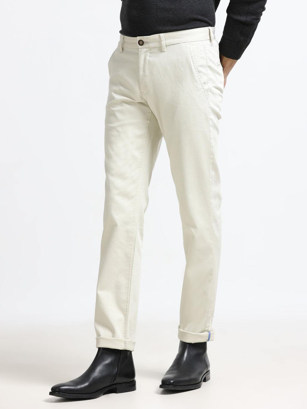 ECRU DOBBIES COTTON LYCRA BLEND TROUSER