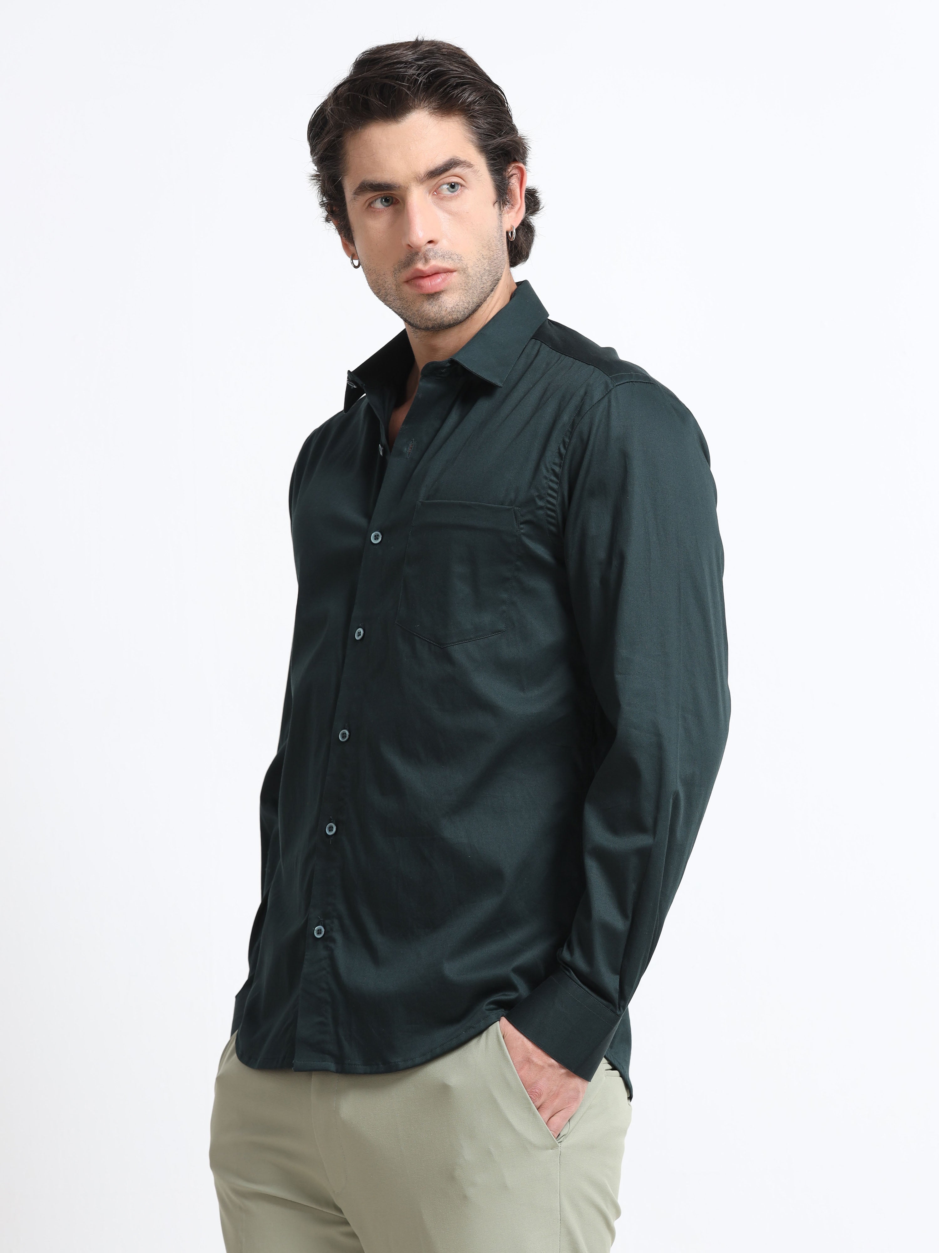 Noir Evergreen Cotton Satin Stretch Solid Shirt