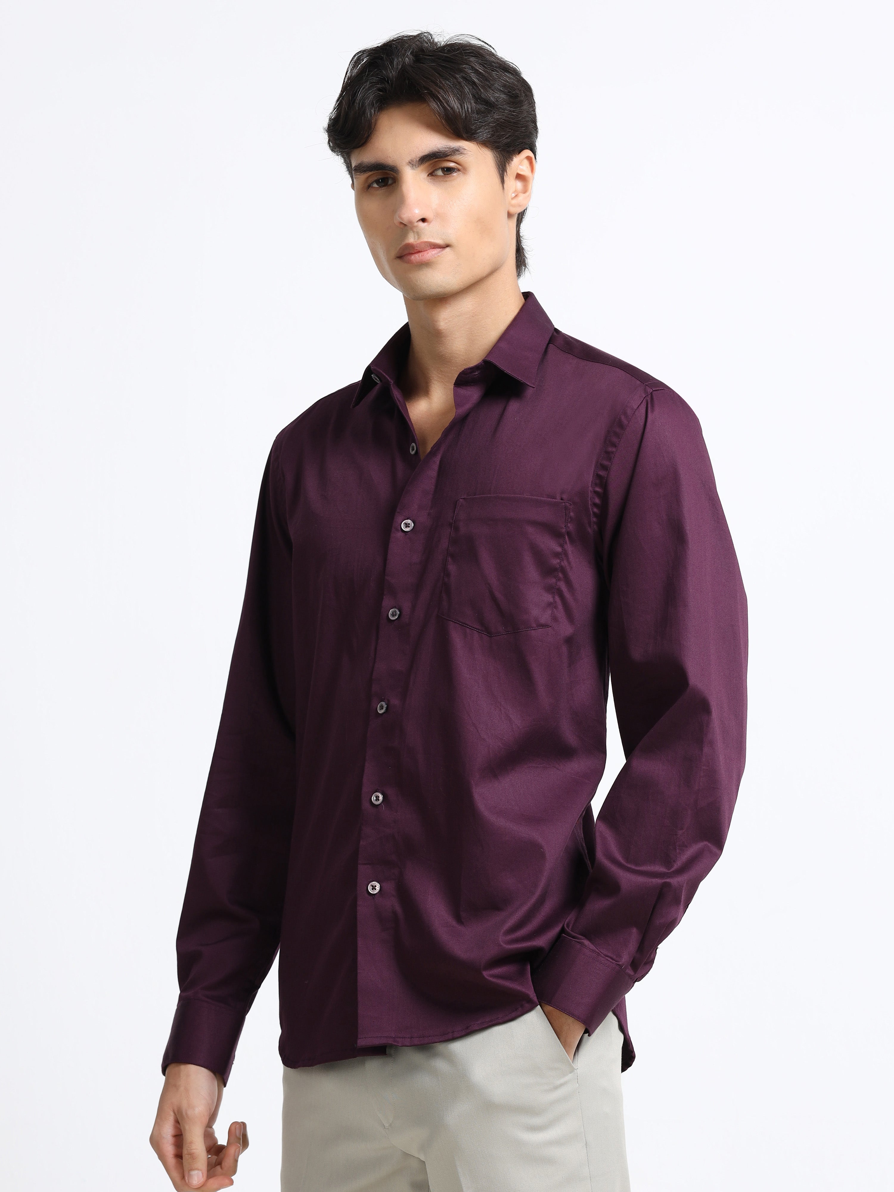 Mignight Wine Cotton Satin Stretch Solid Shirt