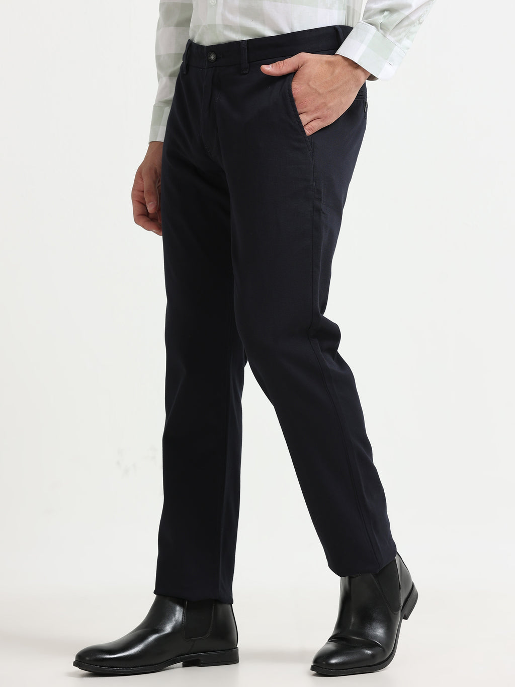 NAVY DOBBIES COTTON LYCRA BLEND TROUSER