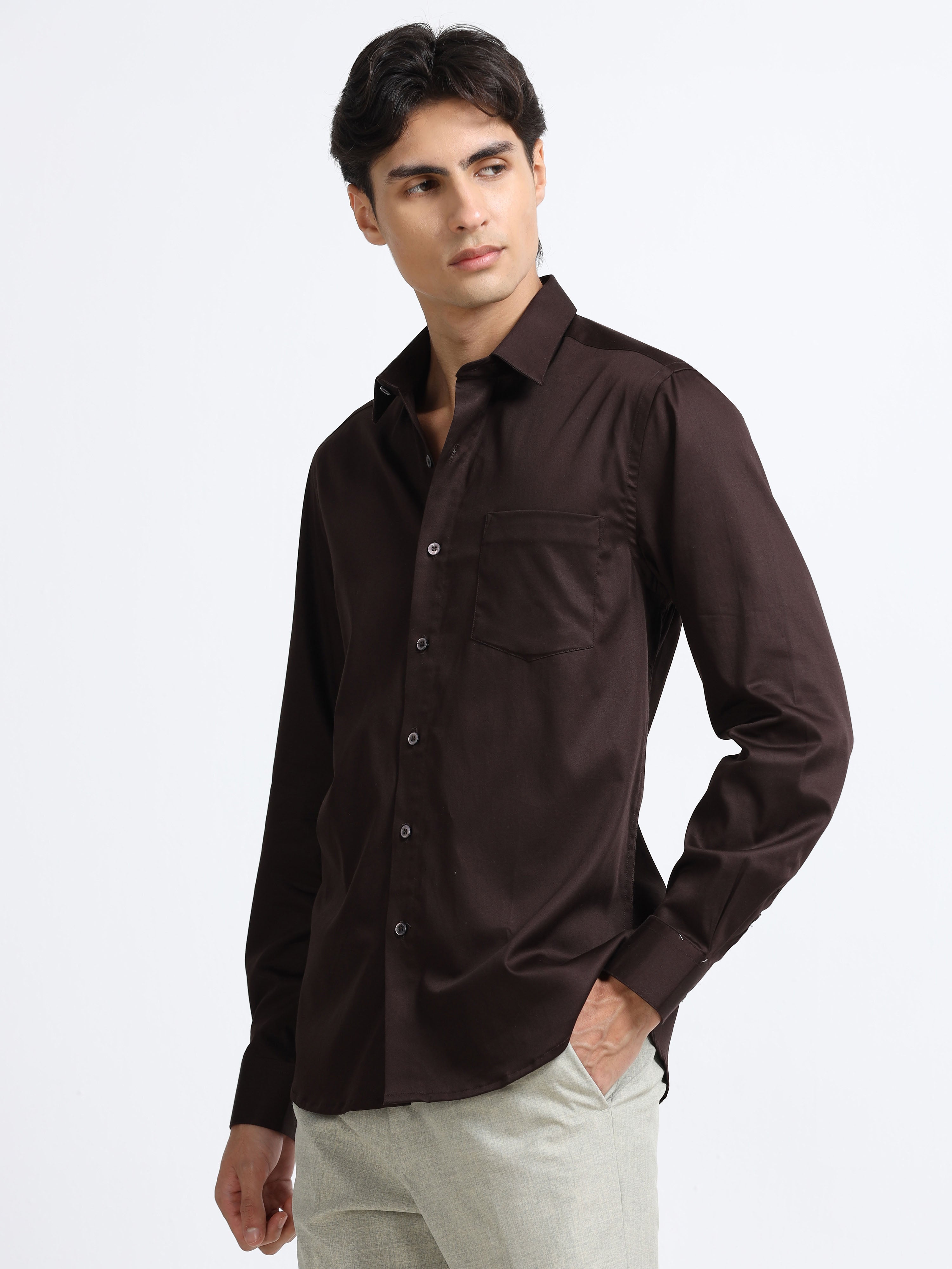 Roasted Bean Cotton Satin Stretch Solid Shirt