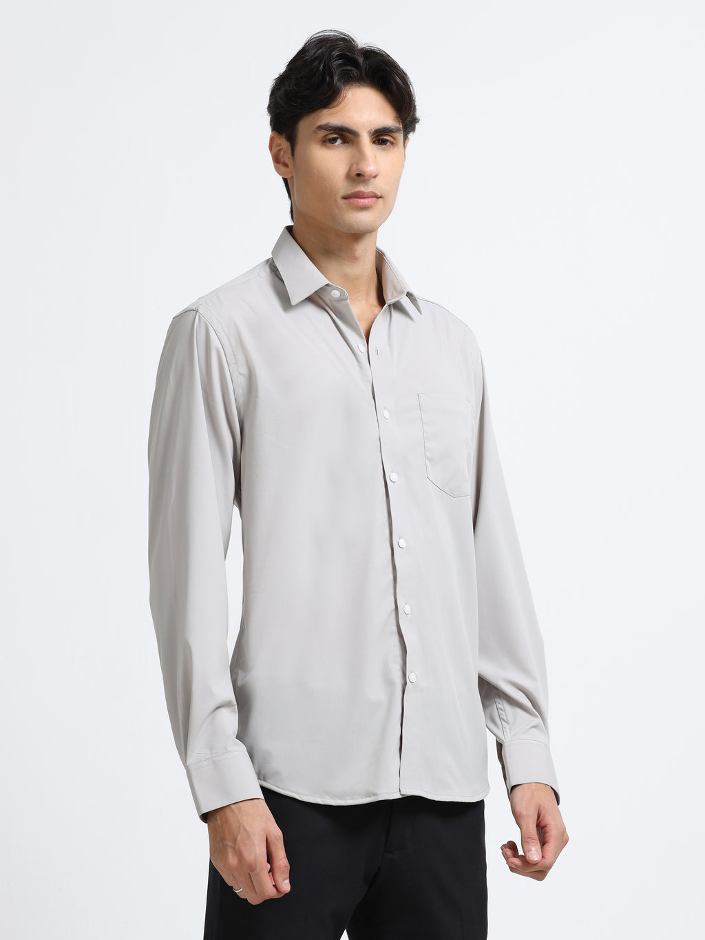 Steel Mist Cotton Satin Stretch Solid Shirt
