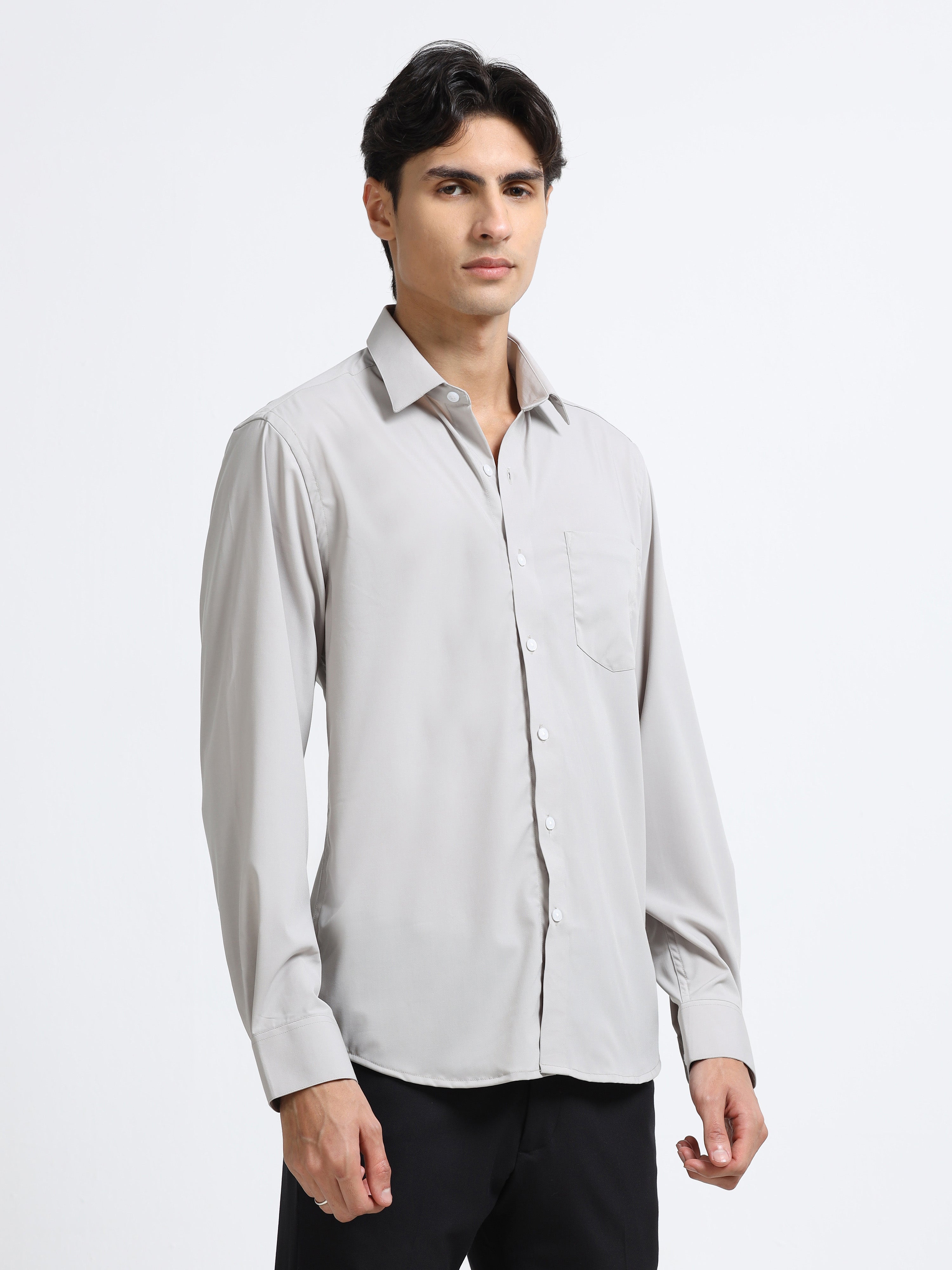 Steel Mist Cotton Satin Stretch Solid Shirt
