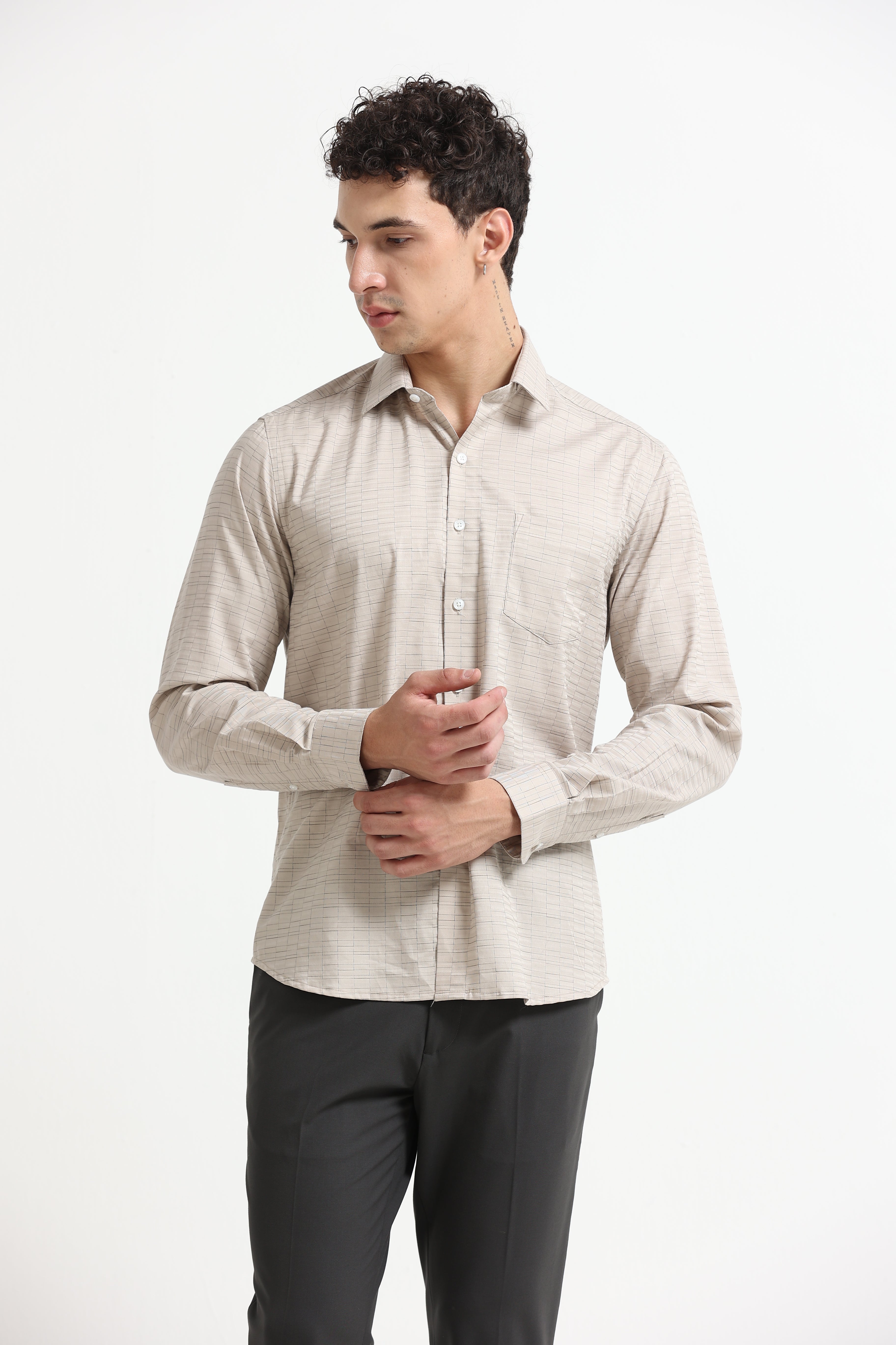 Sand Grid Windowpane Jacquard Shirt