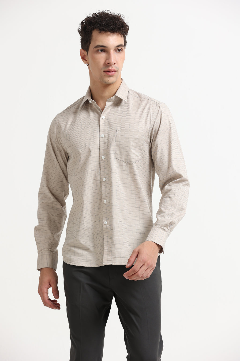 Sand Grid Windowpane Jacquard Shirt