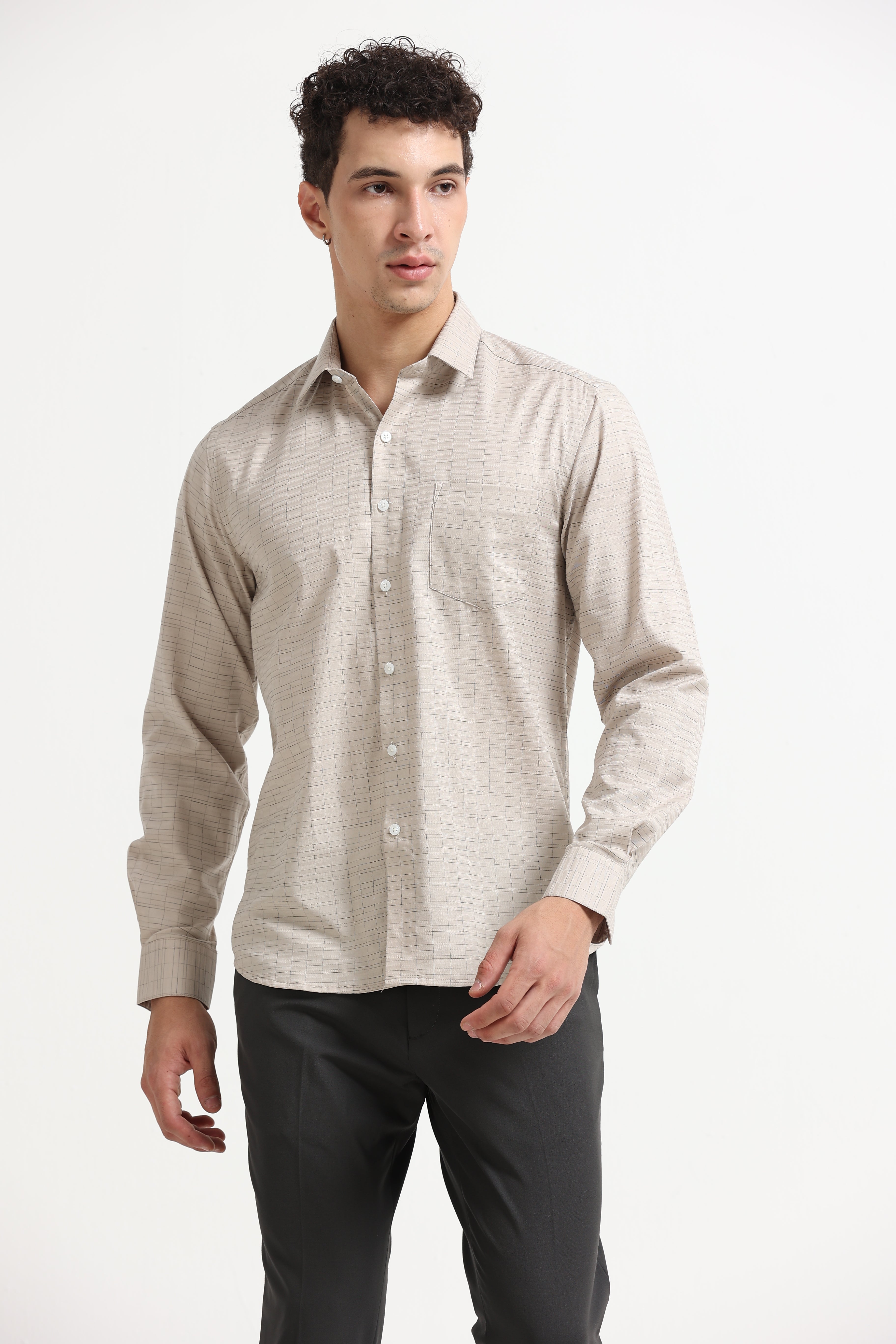 Sand Grid Windowpane Jacquard Shirt