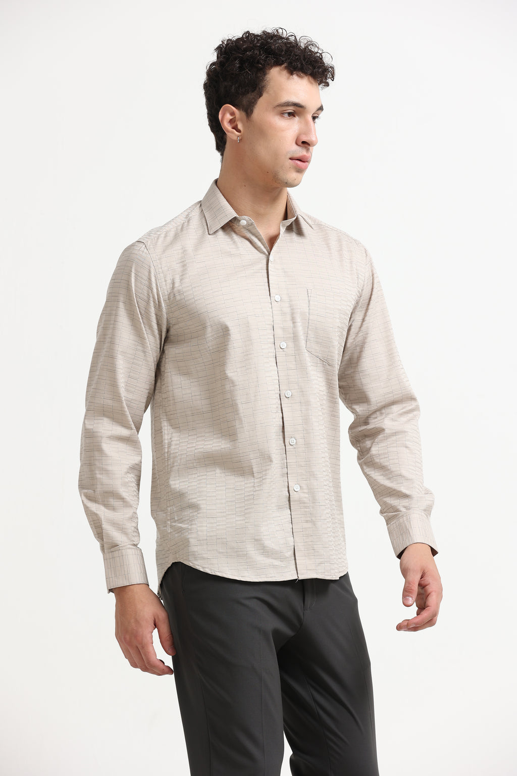 Sand Grid Windowpane Jacquard Shirt